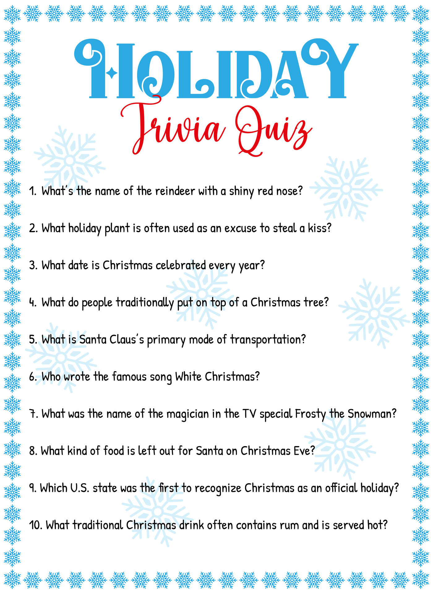 Holiday Themed Trivia Quiz for Adults Printable