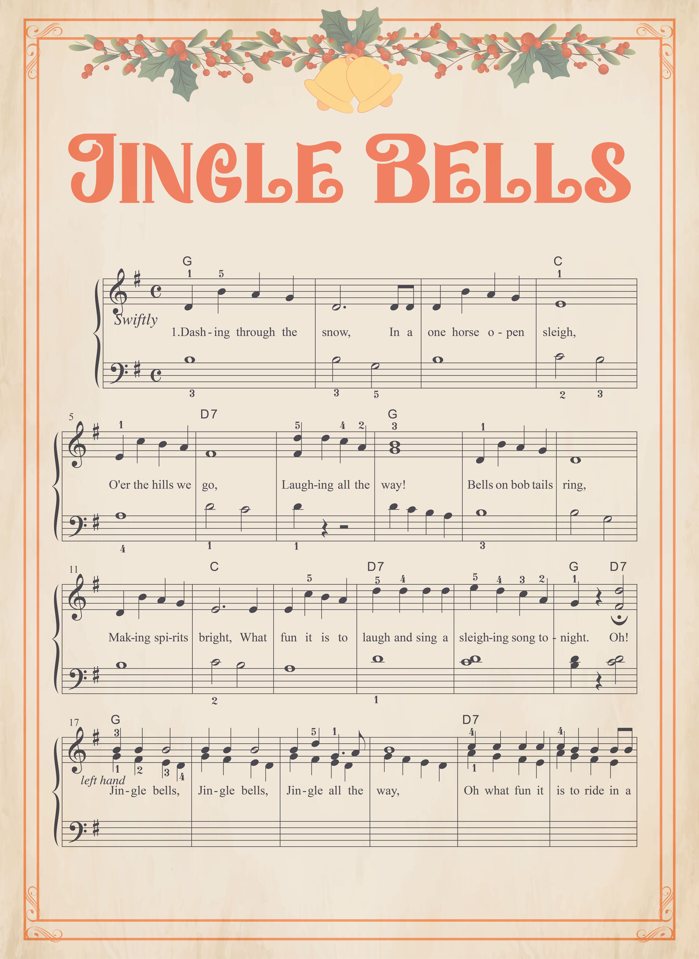 Jingle Bells Printable Vintage Sheet Music Classic Holiday