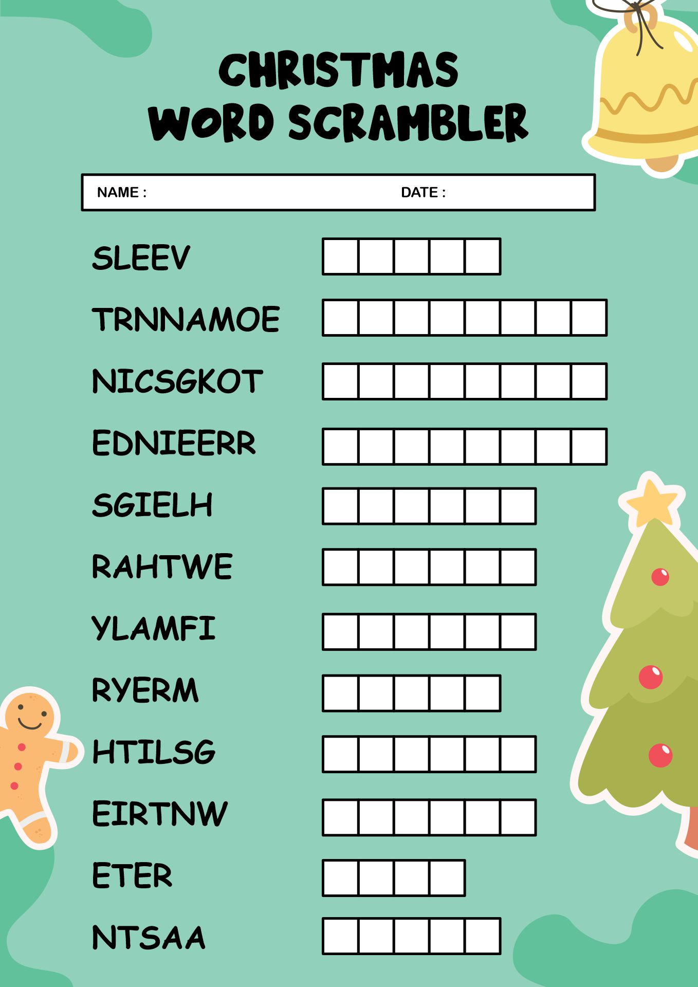 Kids Christmas Word Scramble Worksheet