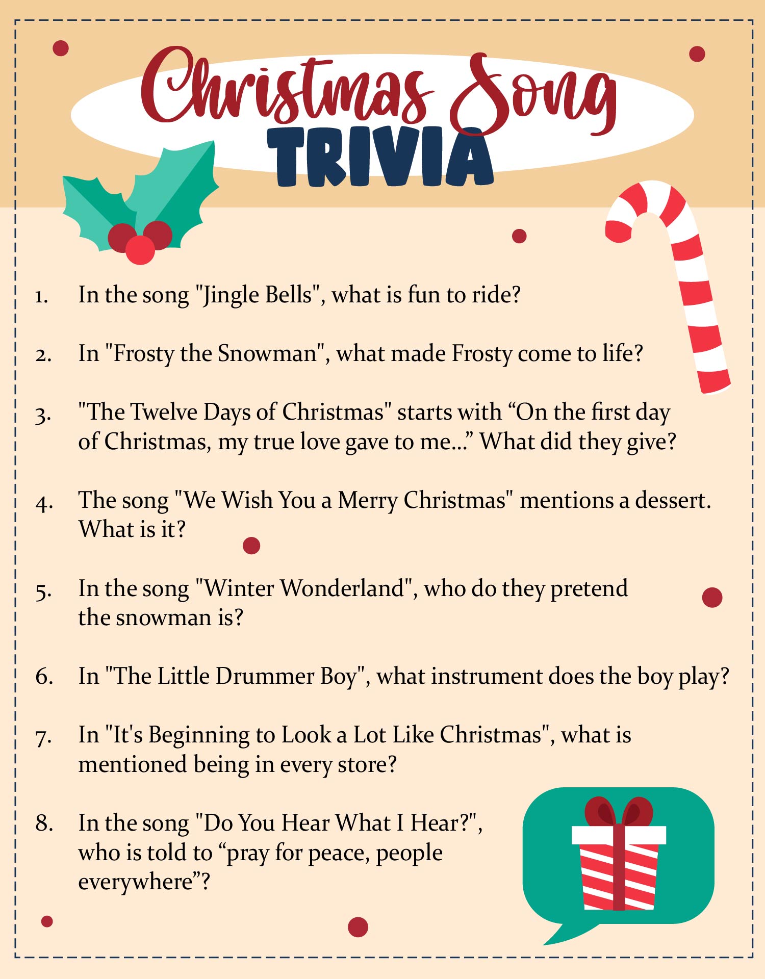 Printable Christmas Carol Trivia Game