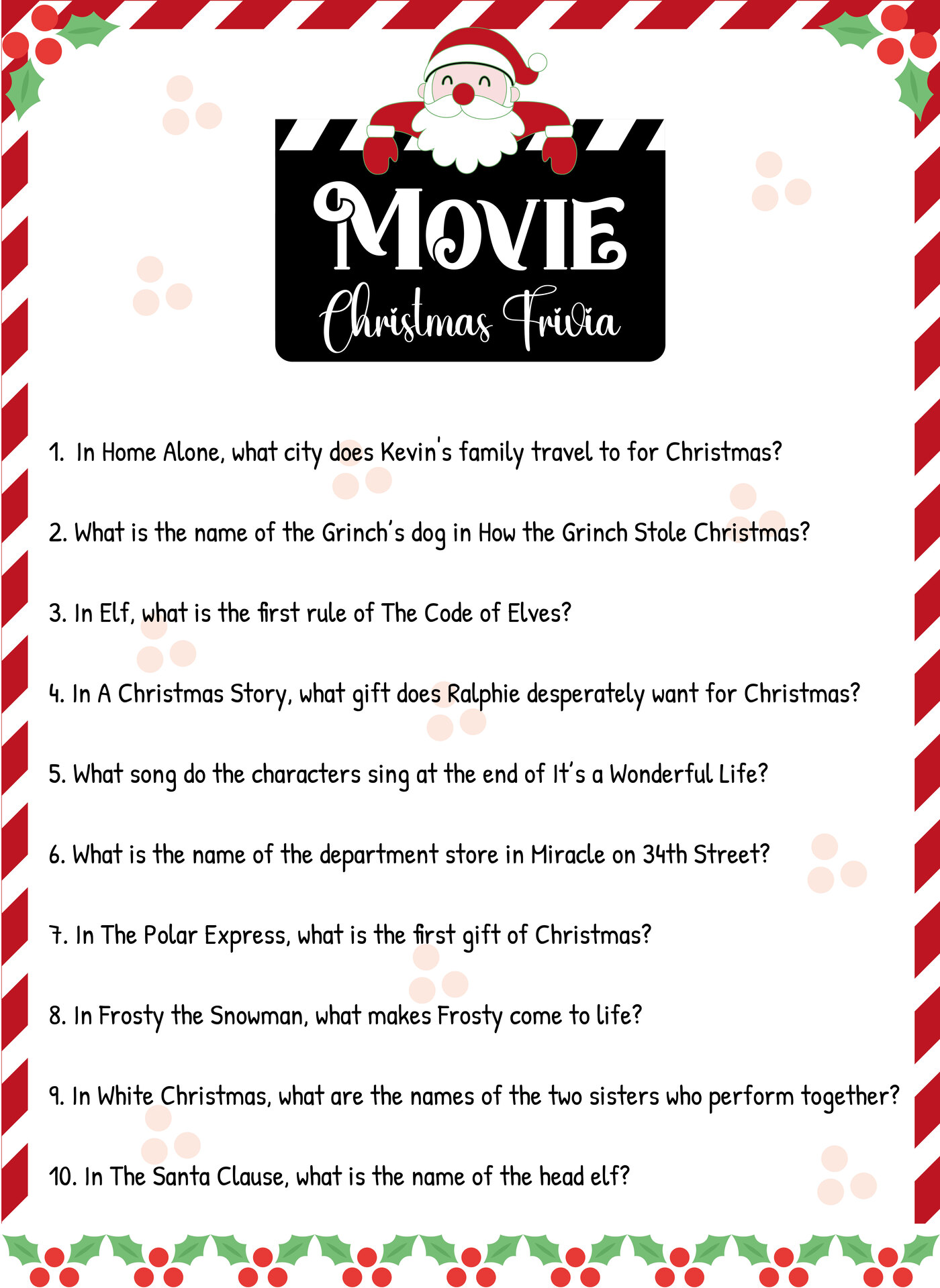 Printable Christmas Movie Trivia Game