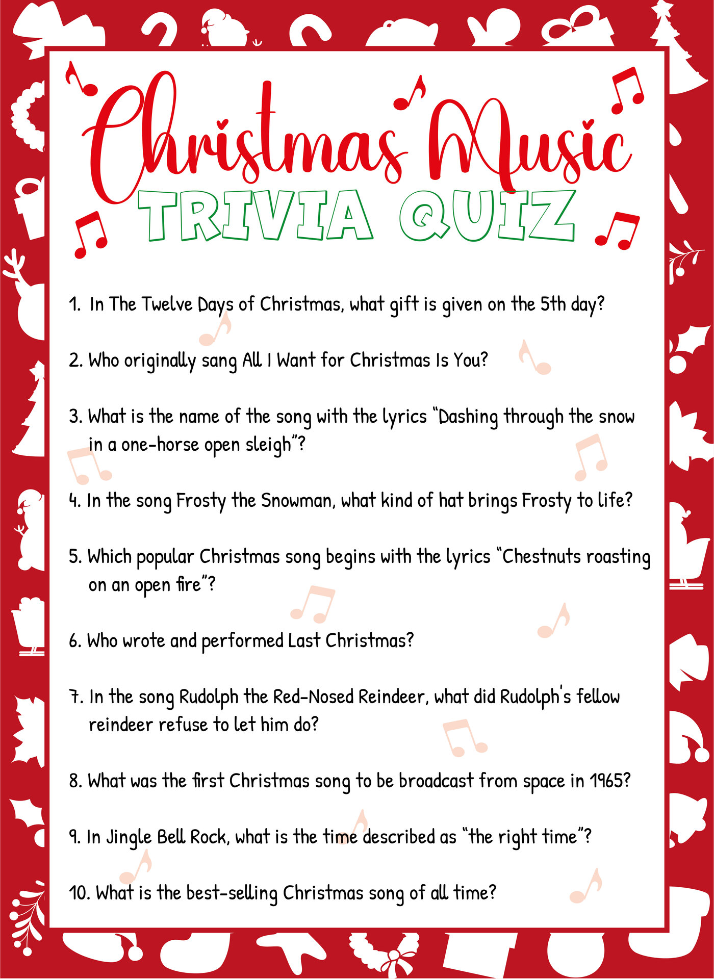 Printable Christmas Music Trivia Quiz