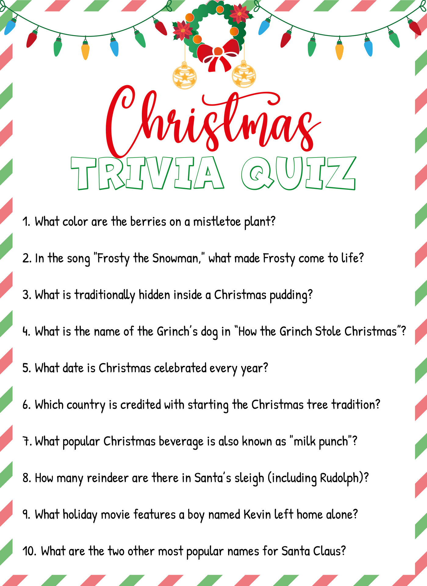 Printable Christmas Trivia Quiz for Family Night