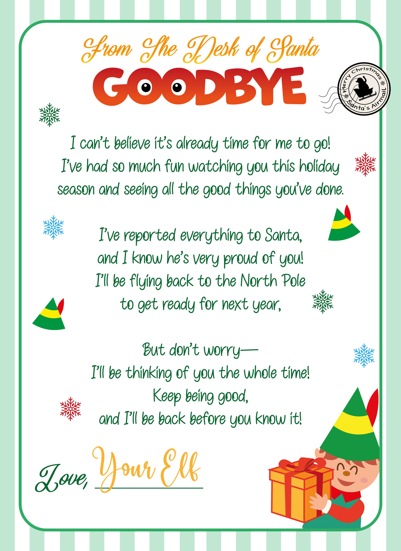 Printable Elf Goodbye Notes