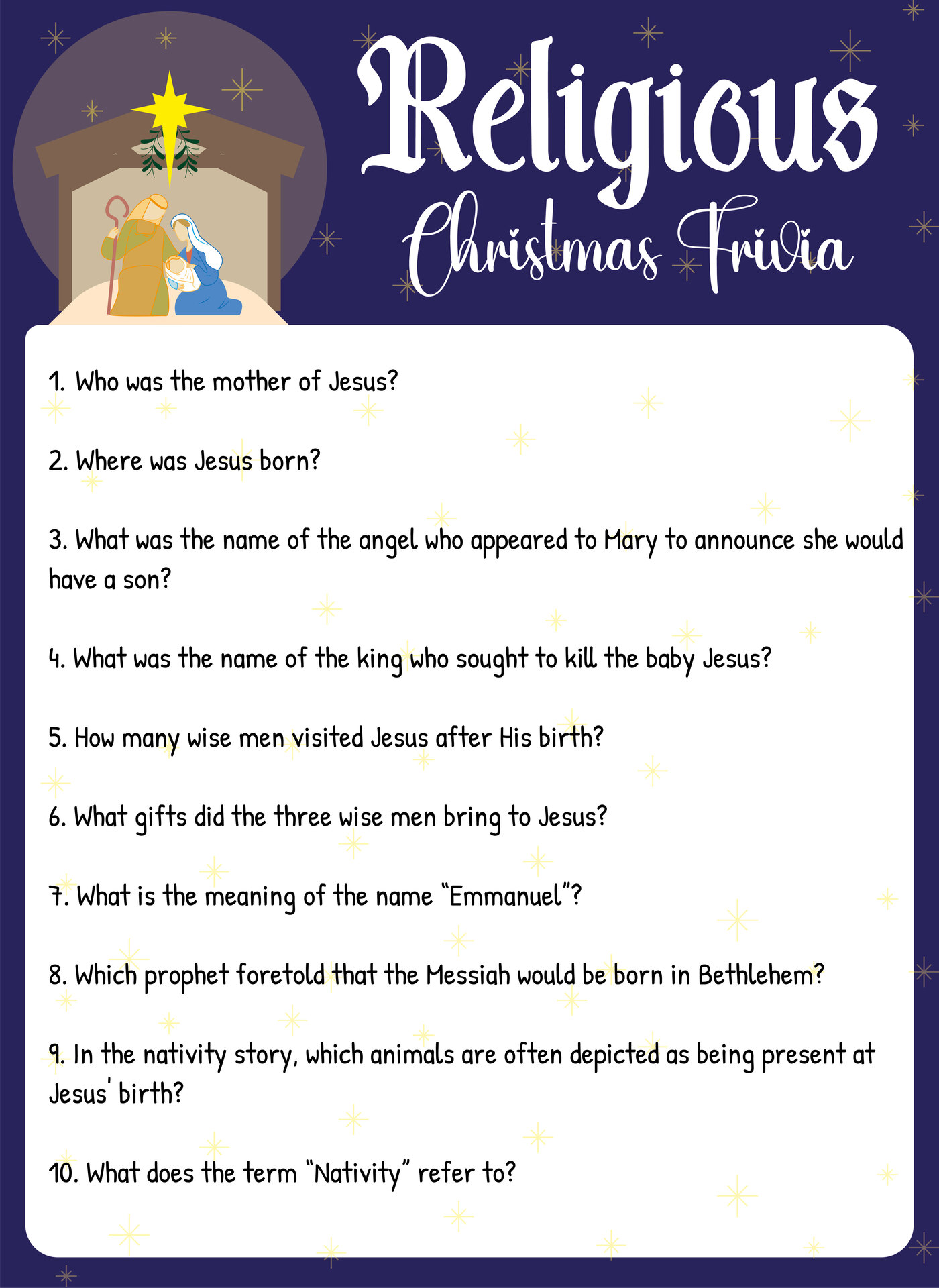 Printable Religious Christmas Trivia Game