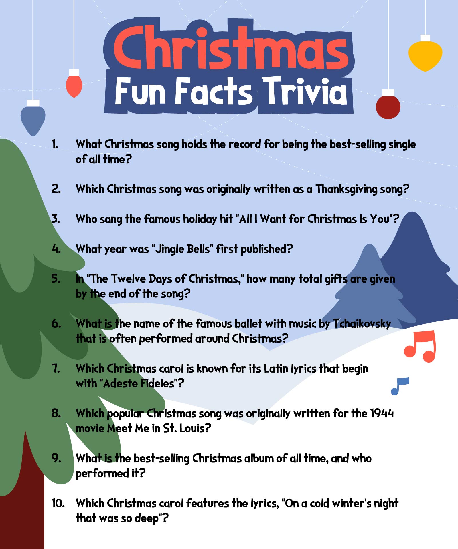 Printable Xmas Carol Trivia Fun Sheets