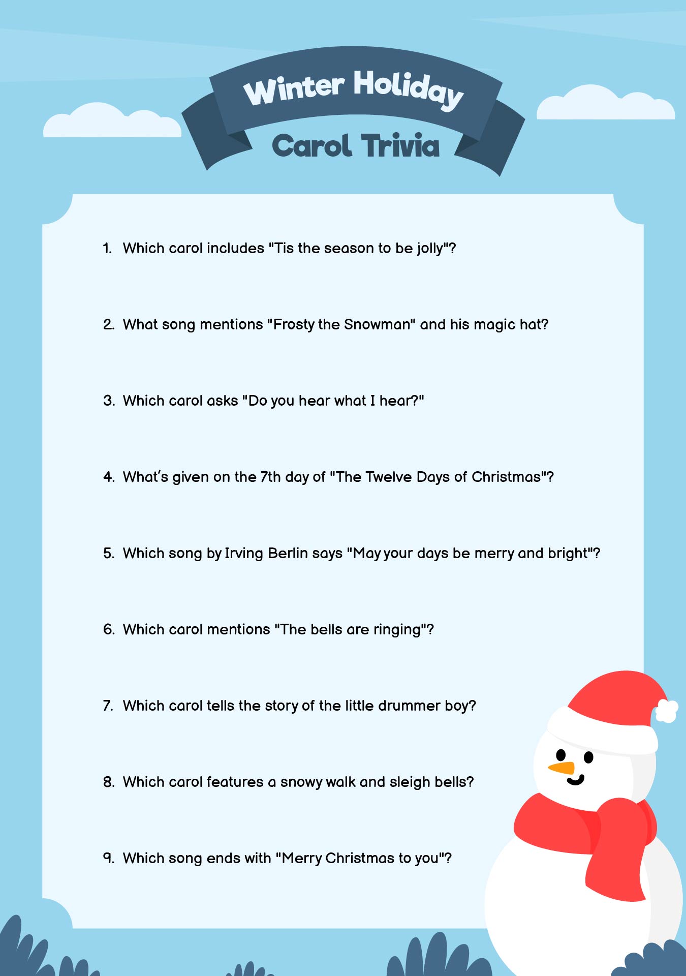 Winter Holiday Carol Trivia Printable