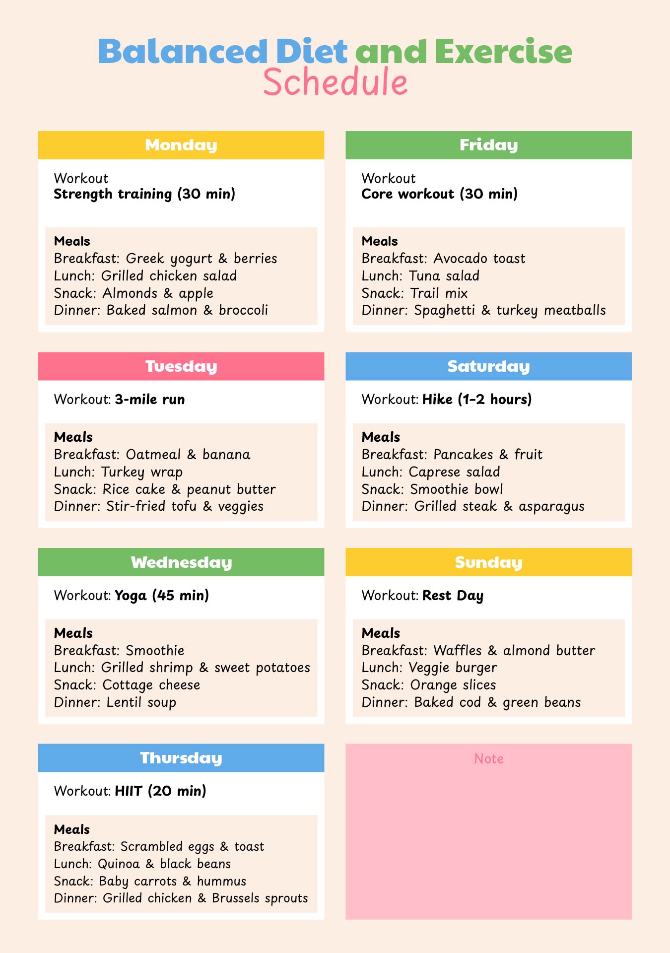 Balanced Diet and Exercise Schedule Printable