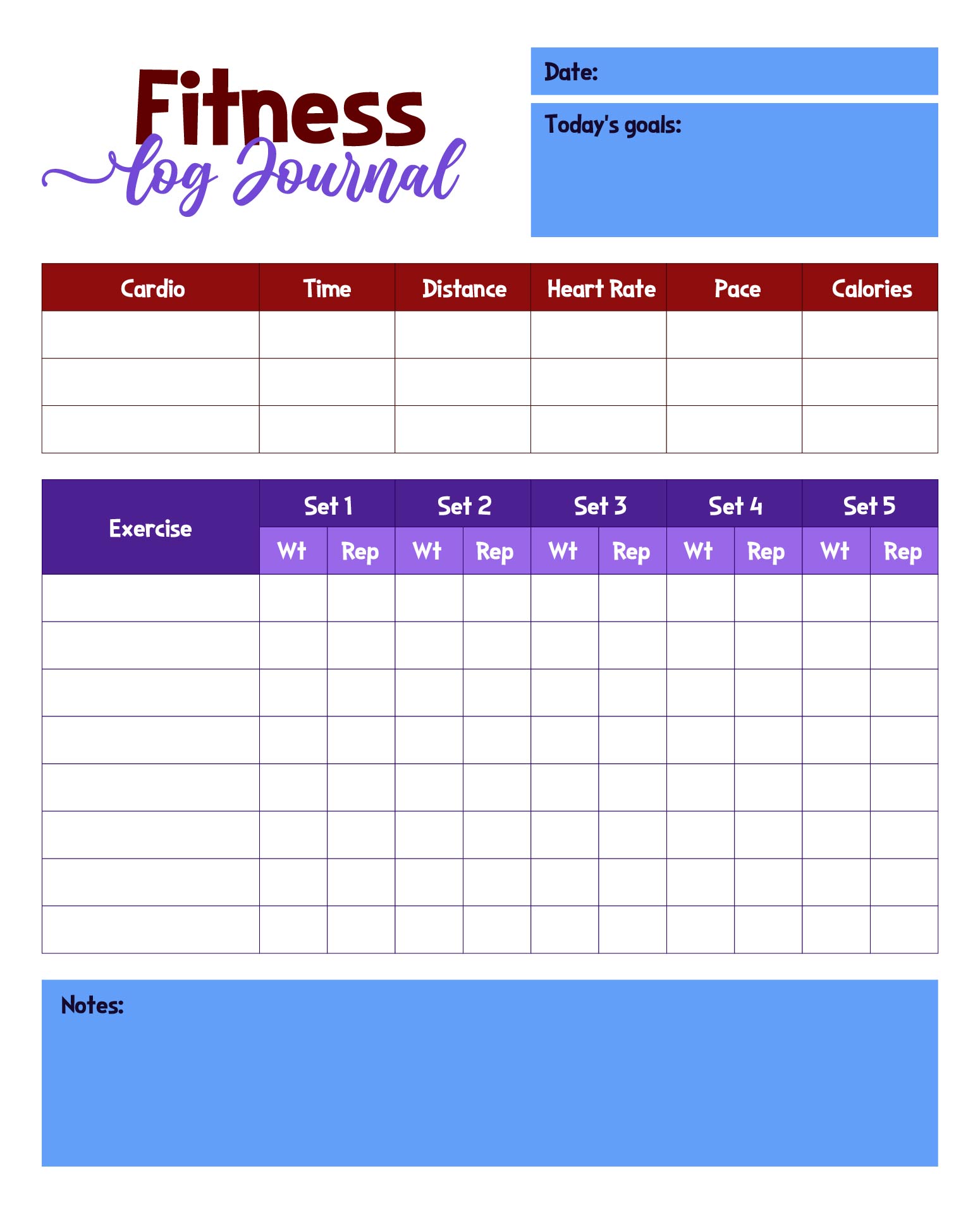 Calorie Counter and Fitness Activity Log Journal Printable