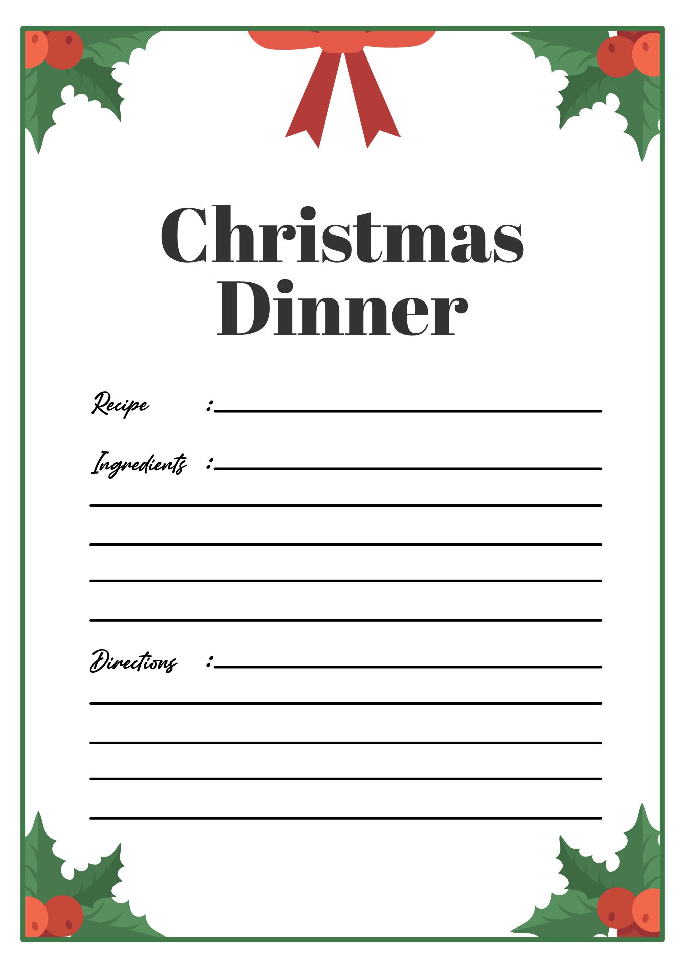 Christmas Dinner Recipe Card Printable