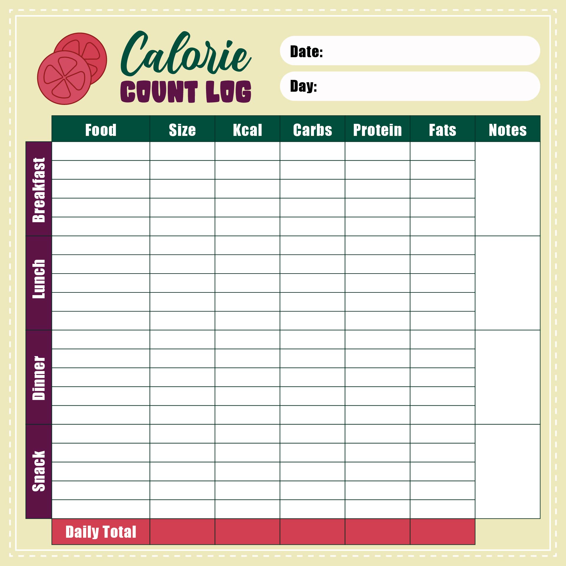 Daily Calorie Count Log Printable