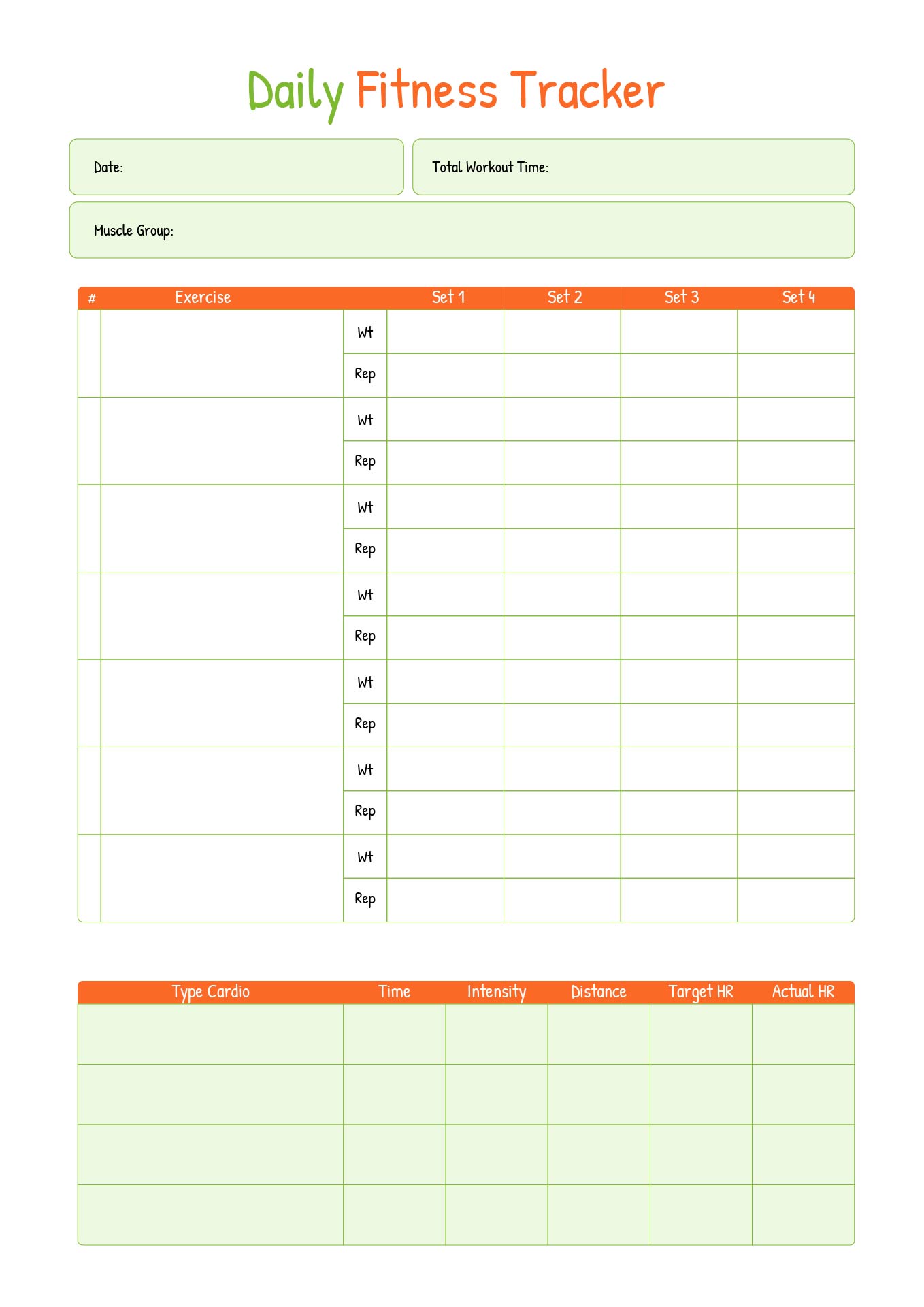 Daily Fitness Tracker Printable Chart