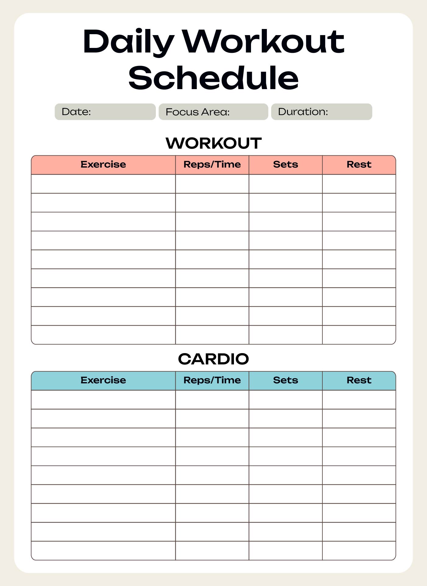 Daily Workout Schedule Chart Printable