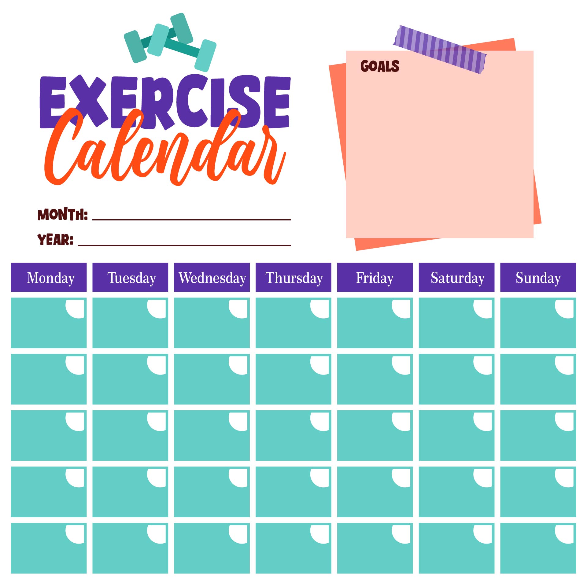 Exercise Calendar for the Month Printable