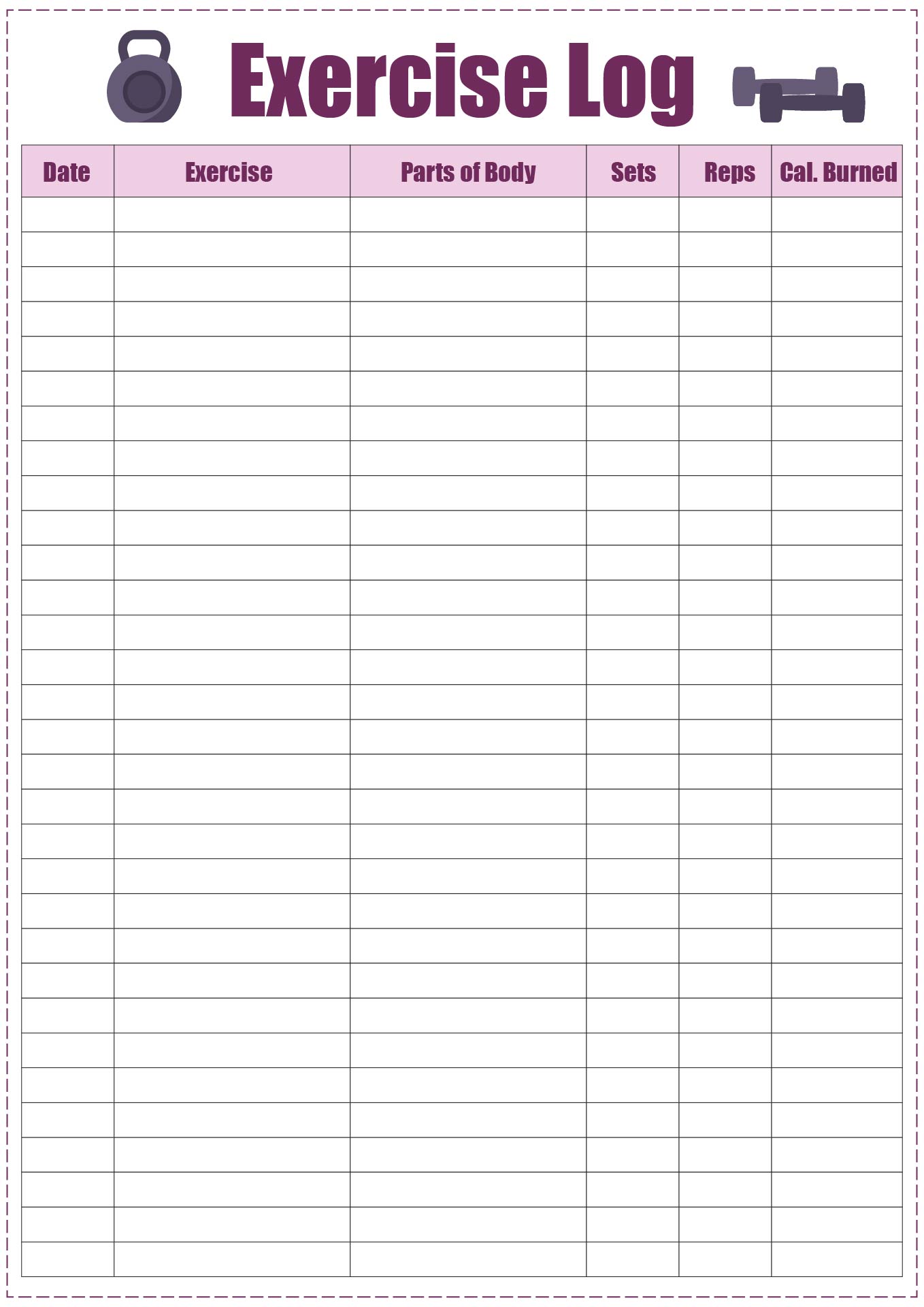 Exercise Log Sheet Monthly Printable