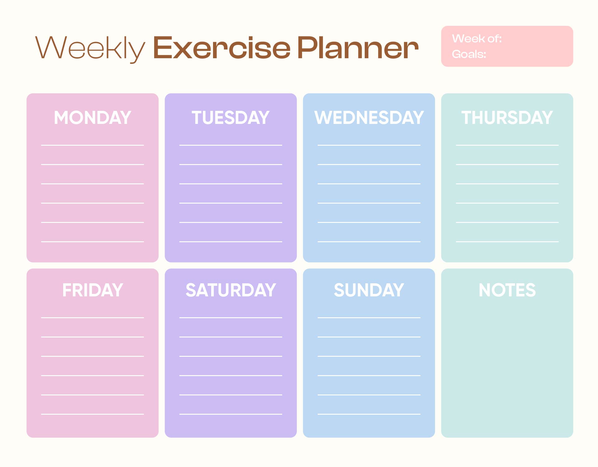 Exercise Routine Weekly Planner Printable