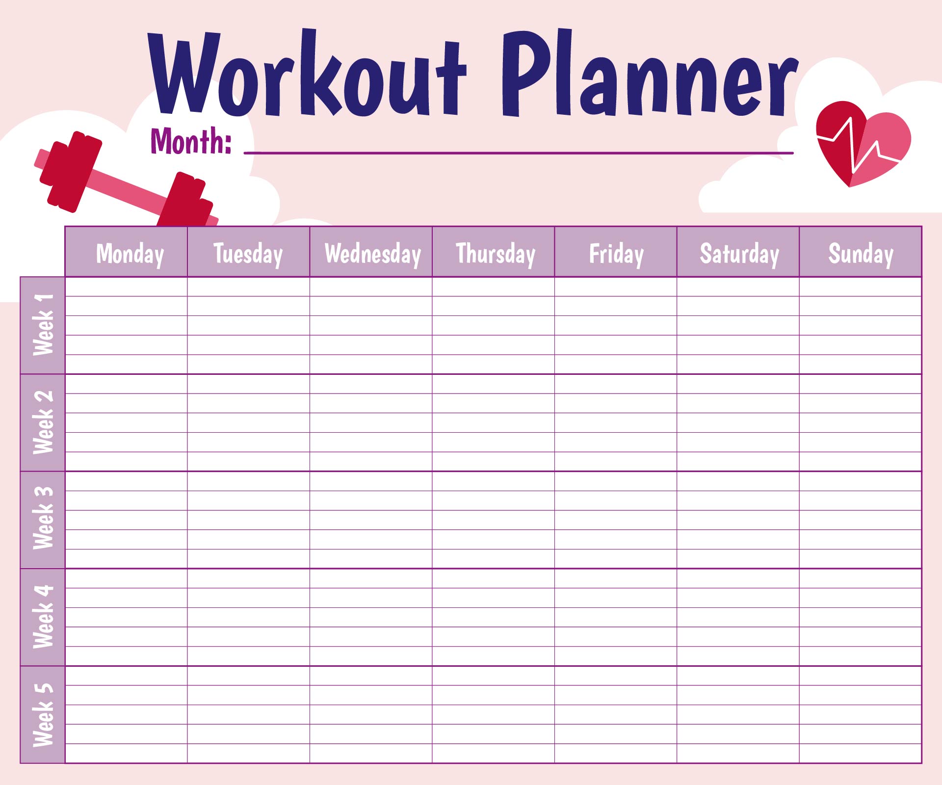 Exercise Schedule Chart Monthly Printable