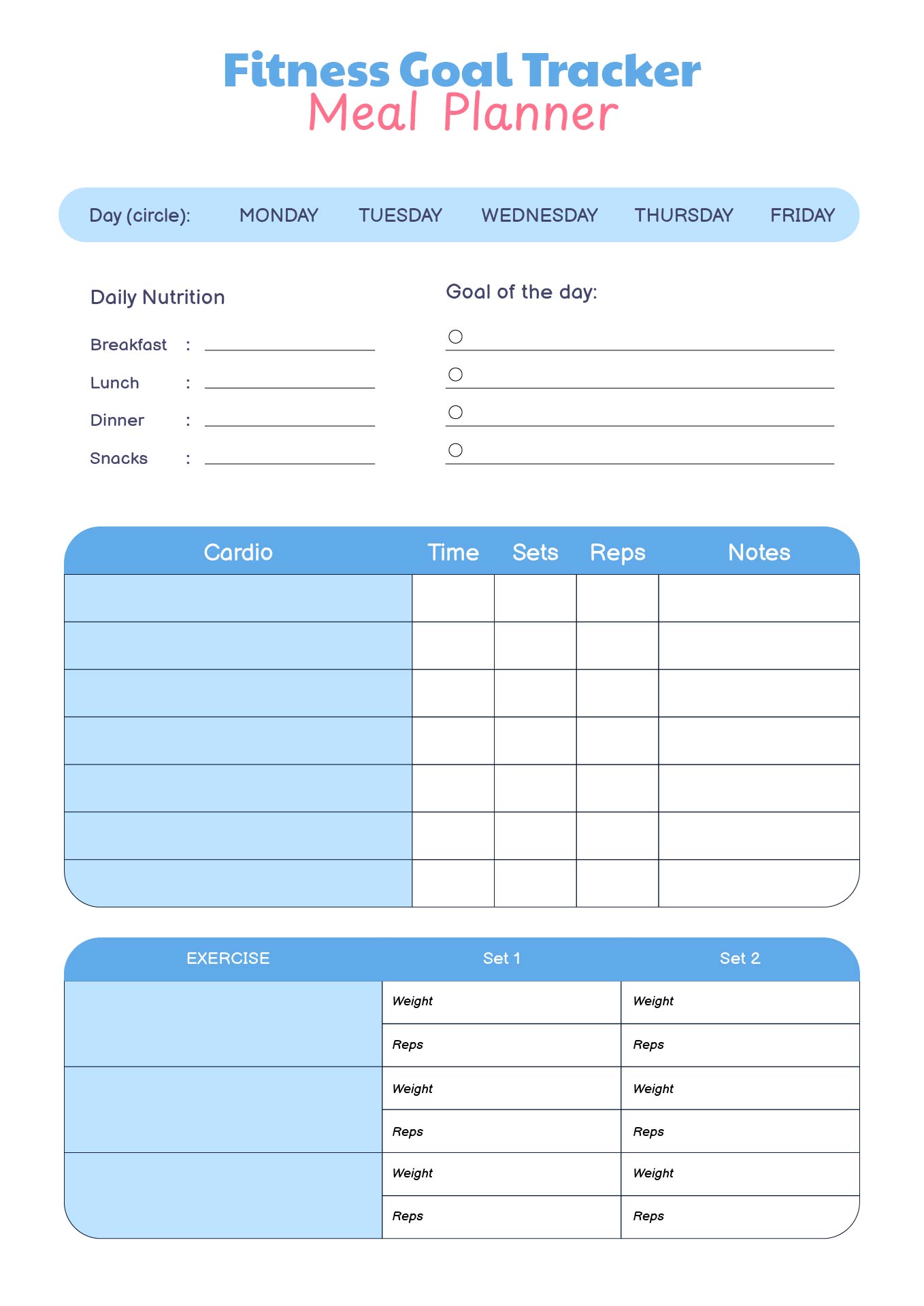 Fitness Goal Tracker and Meal Planner Printable