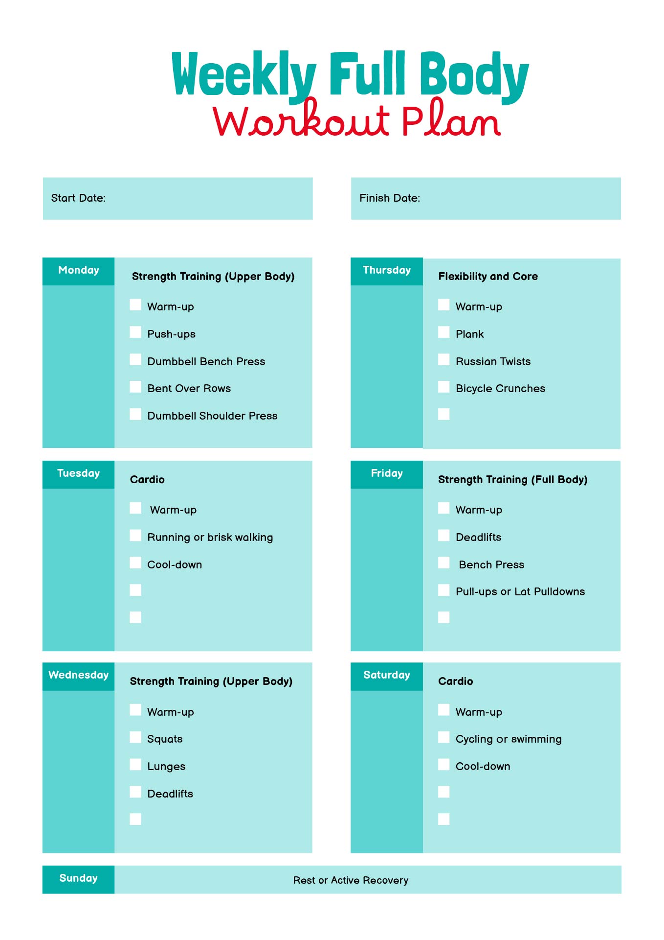 Full Body Workout Plan Printable Chart