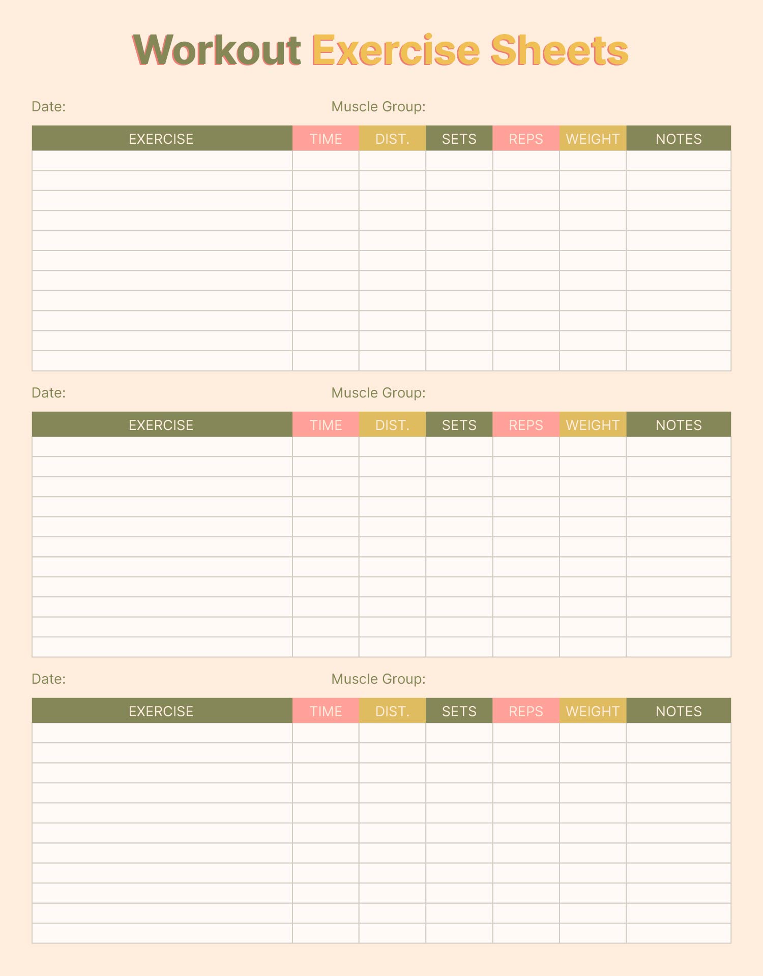 Gym Workout Printable Exercise Sheets