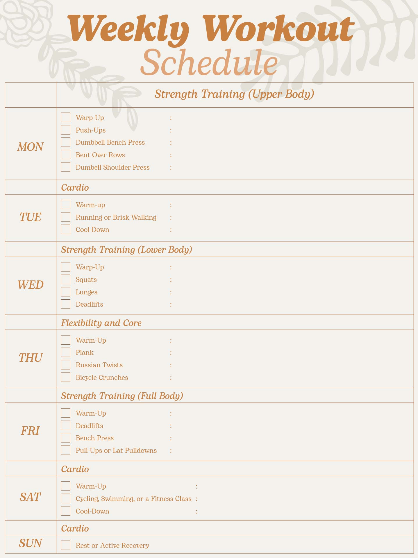 Gym Workout Weekly Agenda Printout