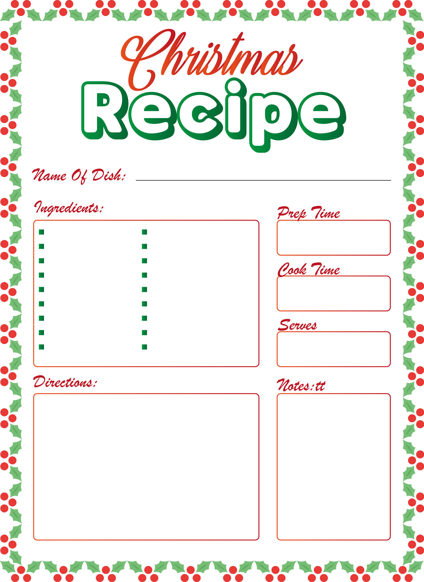 Holiday Baking Recipe Card with Christmas Motif