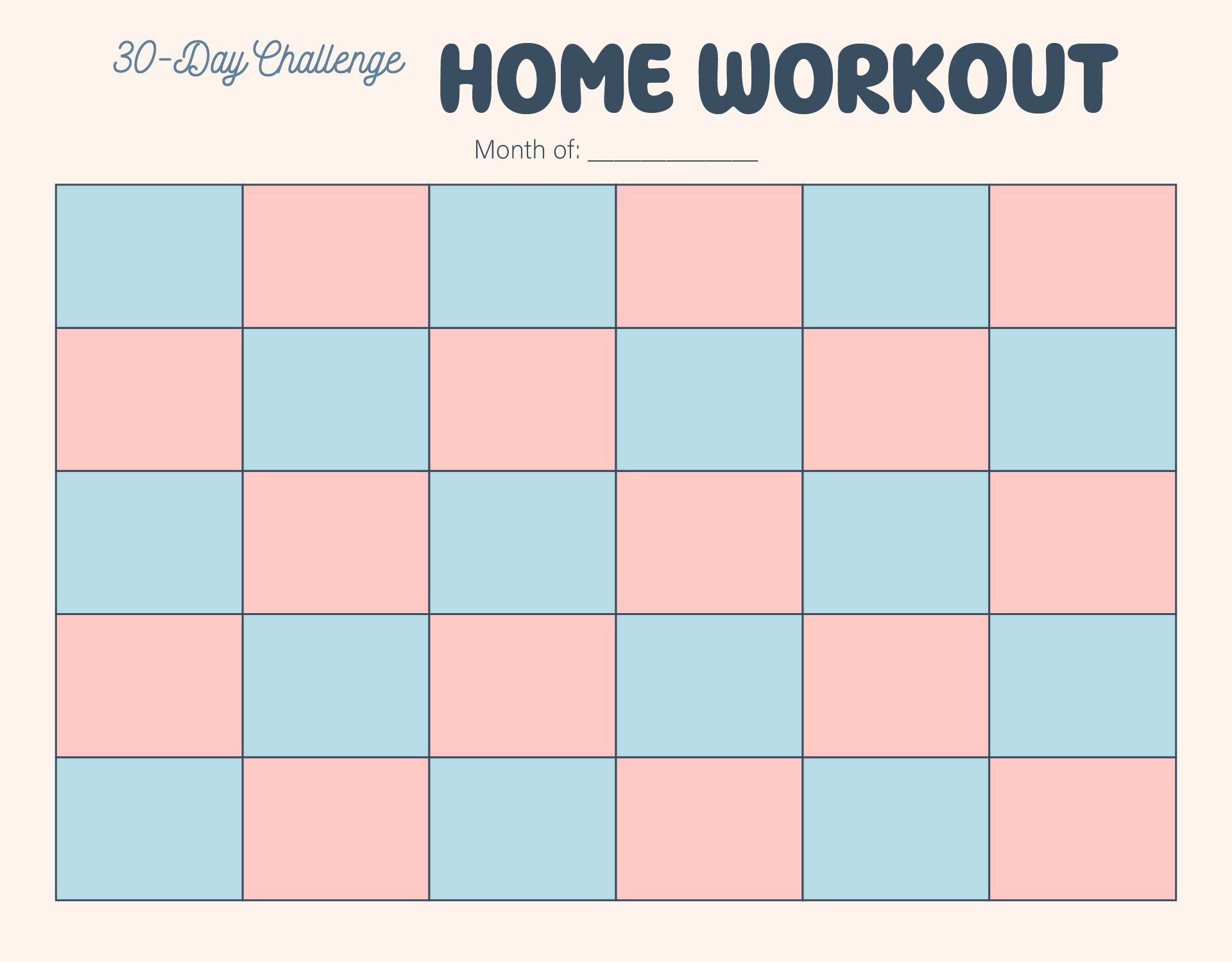 Home Workout 30-Day Calendar Printable