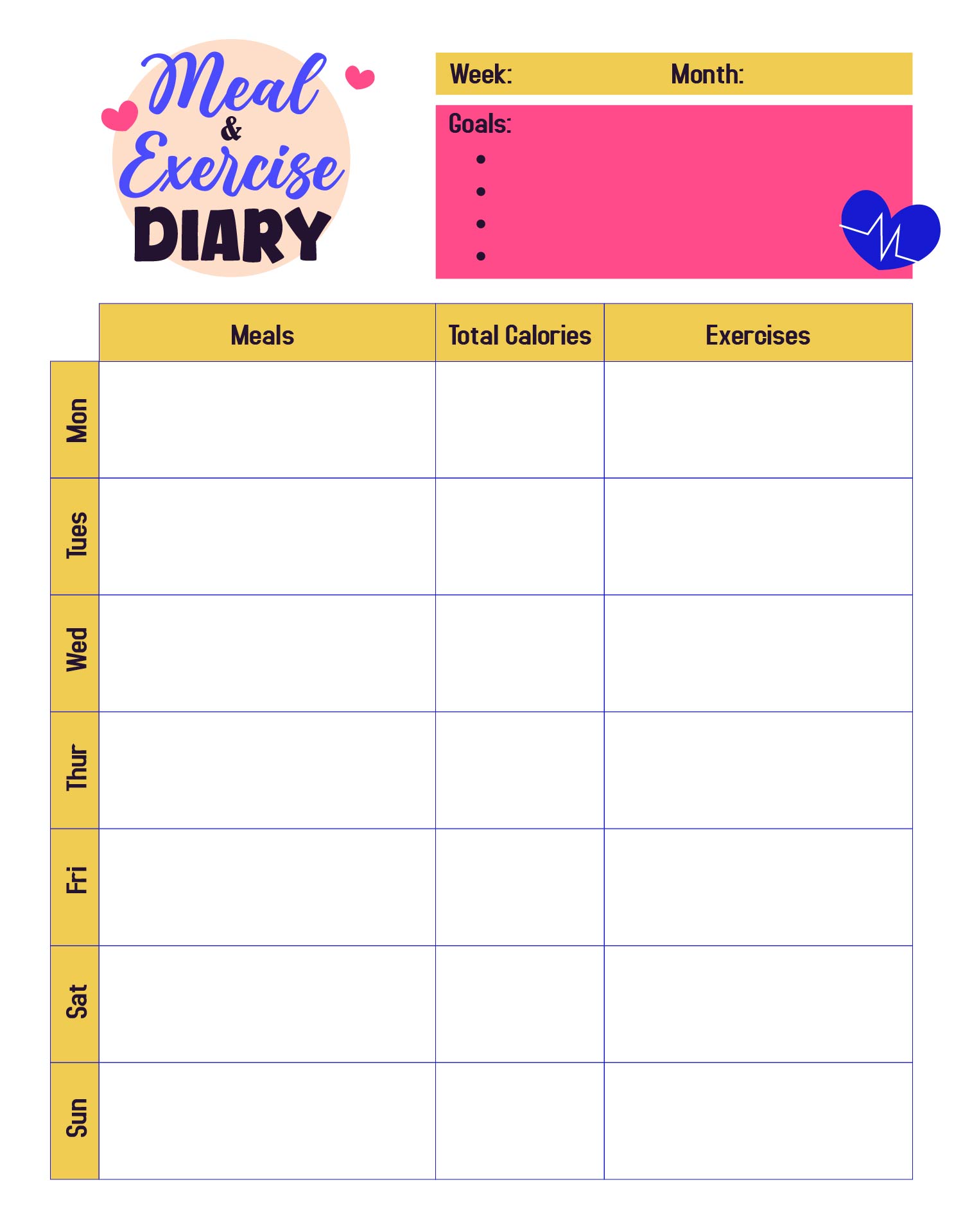 Meal and Exercise Diary Printable