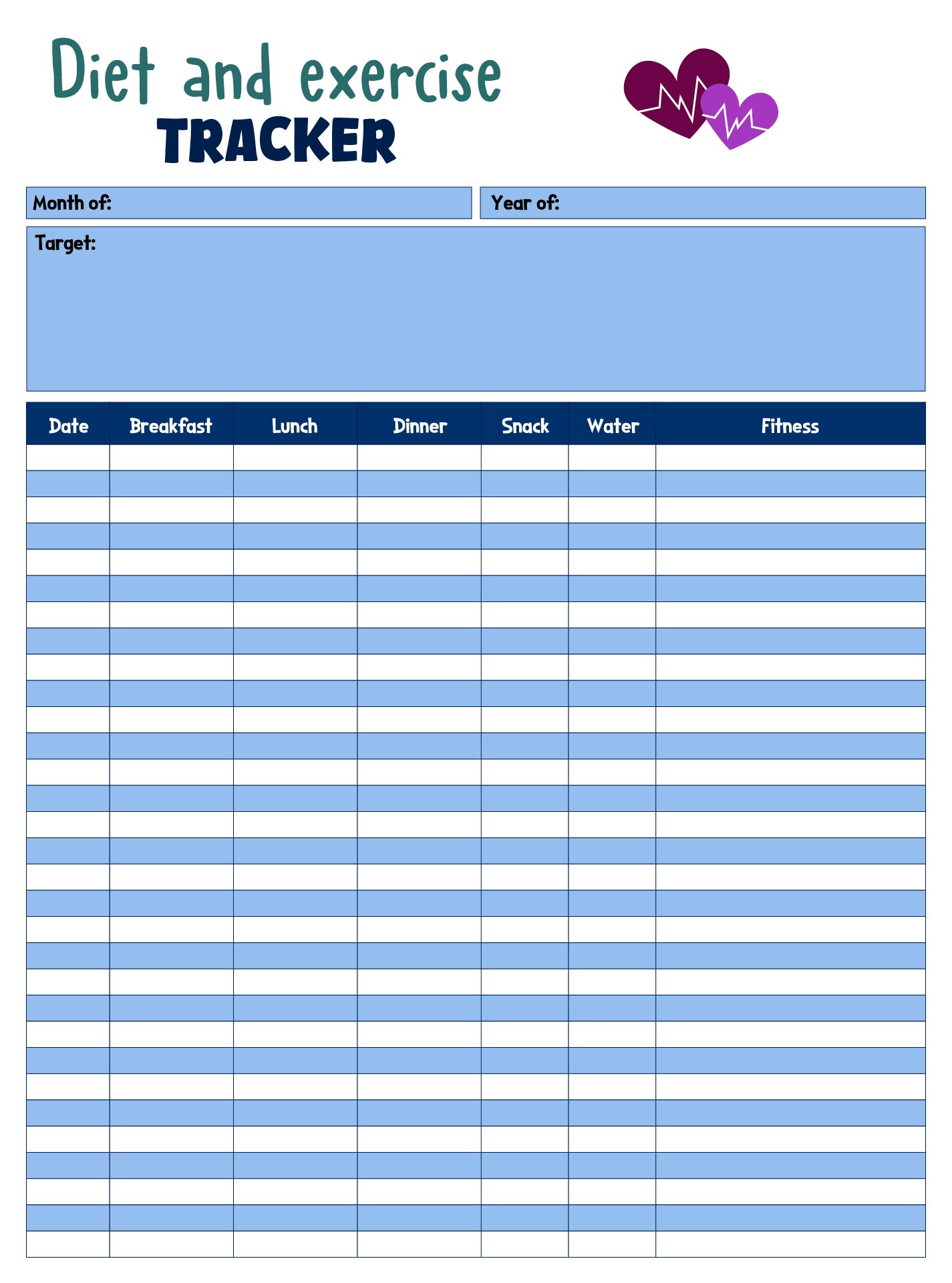 Monthly Diet and Exercise Tracker Printable