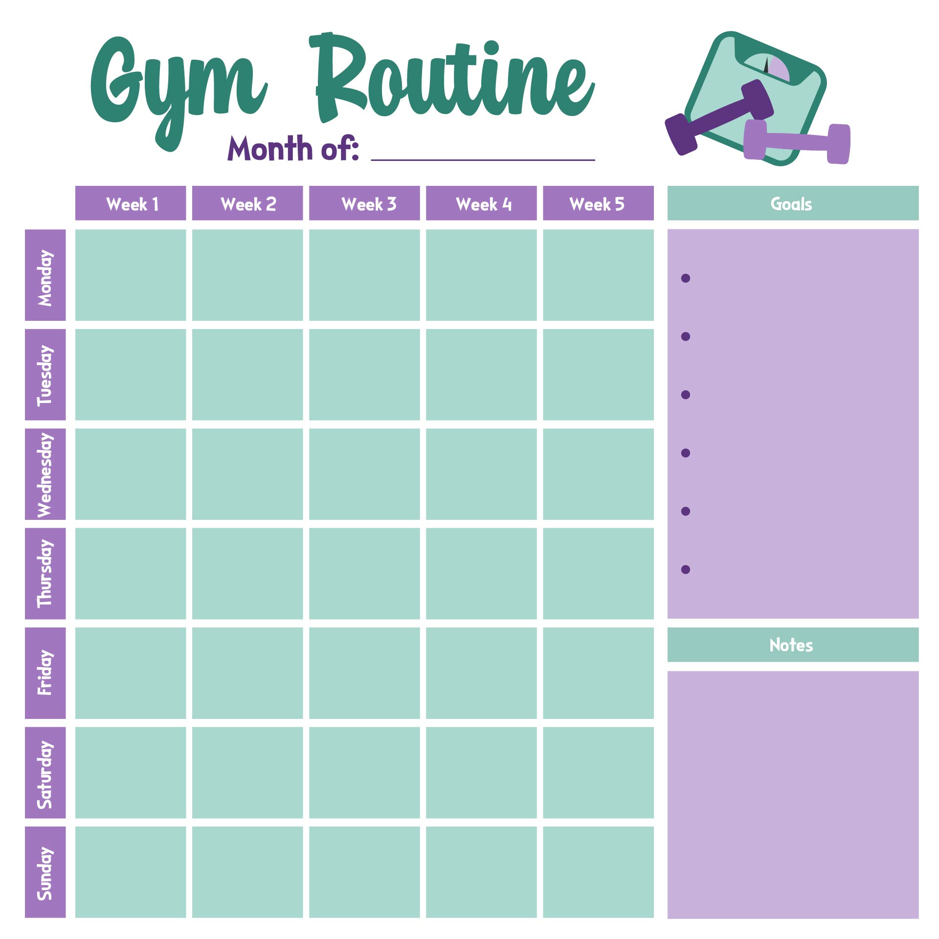 Monthly Gym Routine Chart Printable