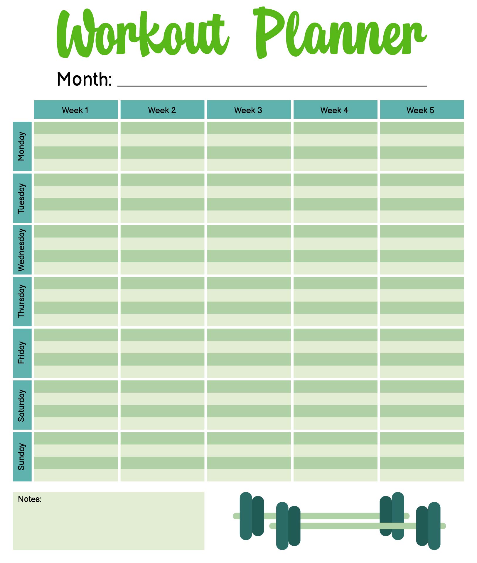 Monthly Workout Planner Printable