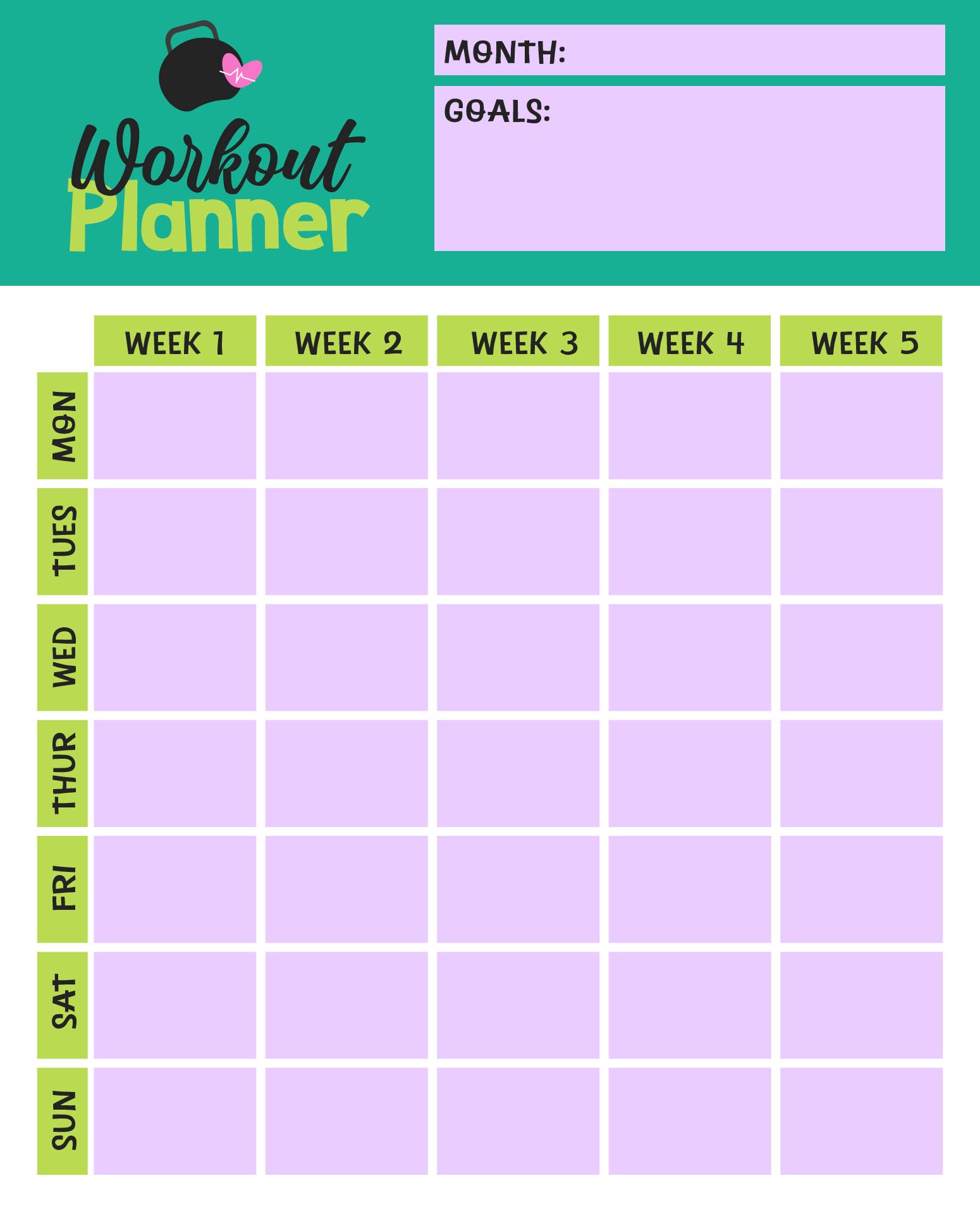 Monthly Workout Schedule Planner Printable