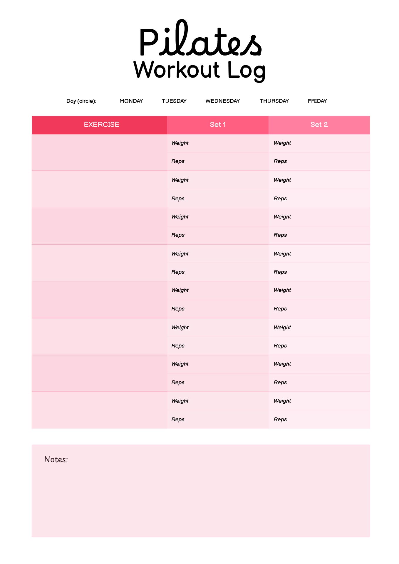 Pilates Workout Progress Sheet