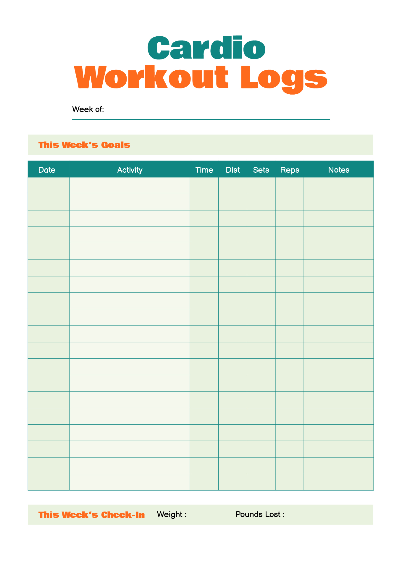 Printable Cardio Workout Logs