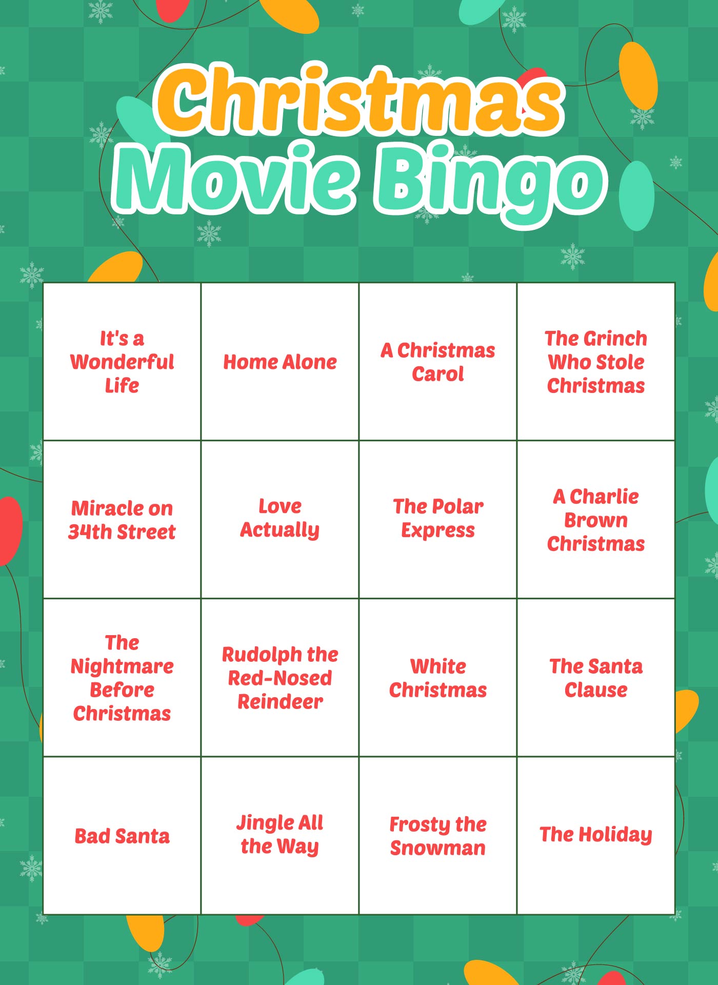 Printable Christmas Movie Bingo Cards for Adults