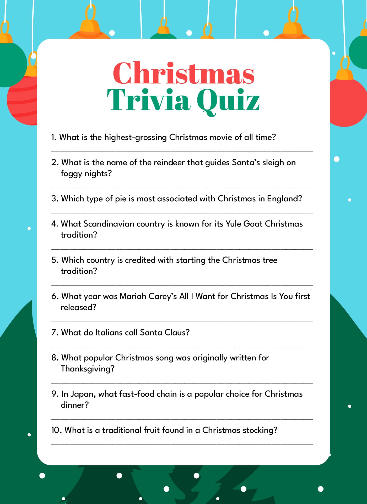 Printable Christmas Trivia Quiz for Adults