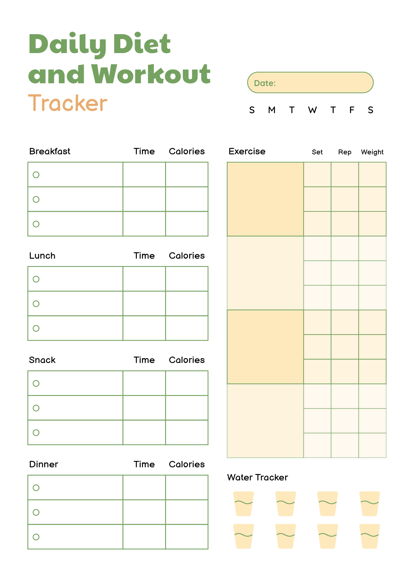 Printable Daily Diet and Workout Tracker