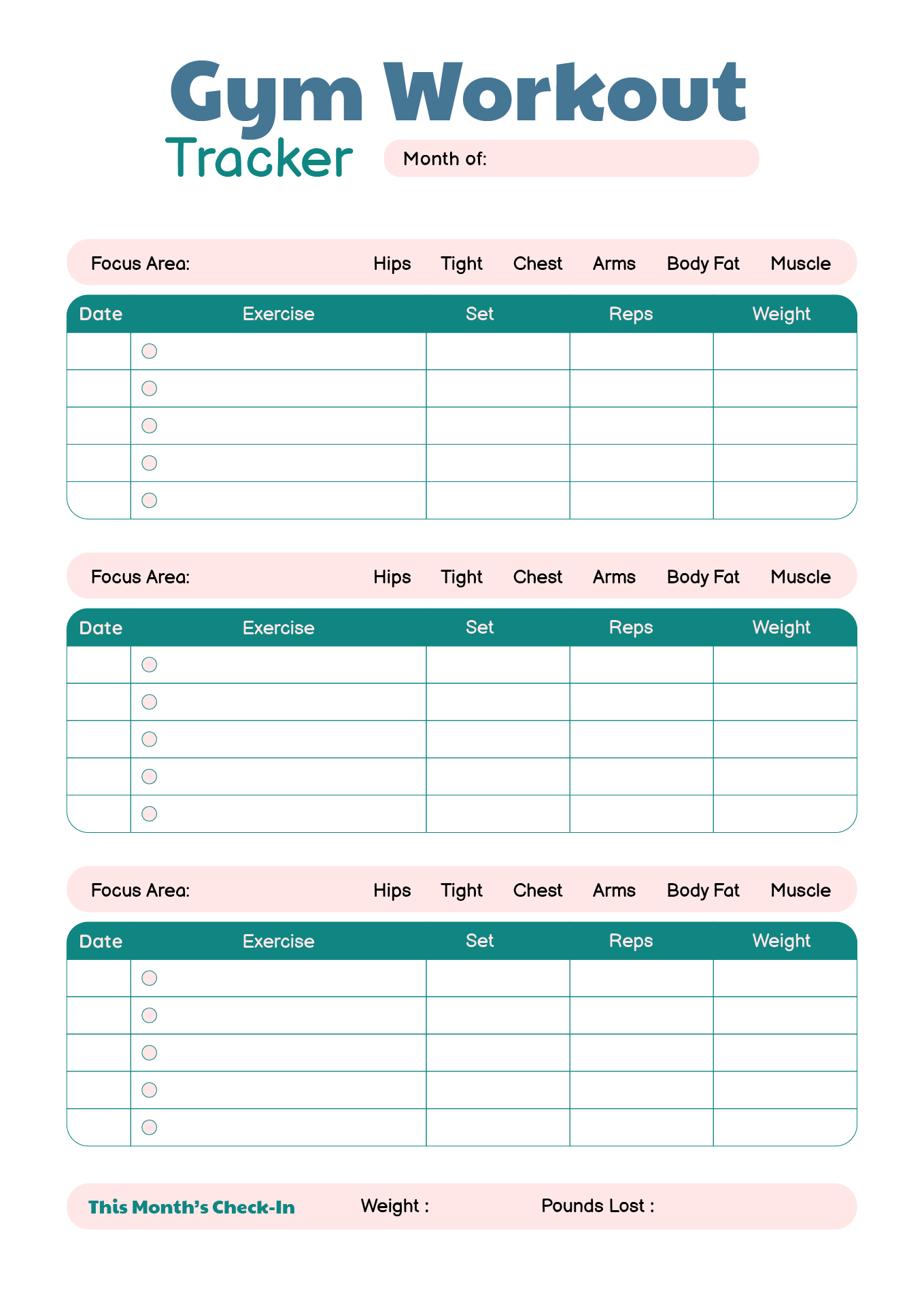 Printable Gym Workout Tracker