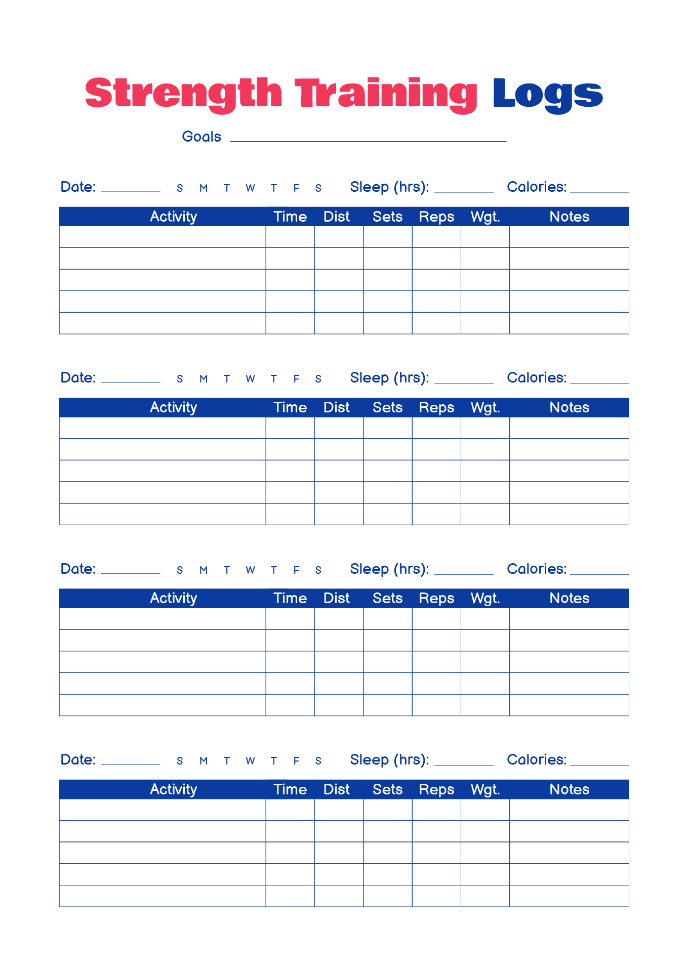 Printable Strength Training Logs