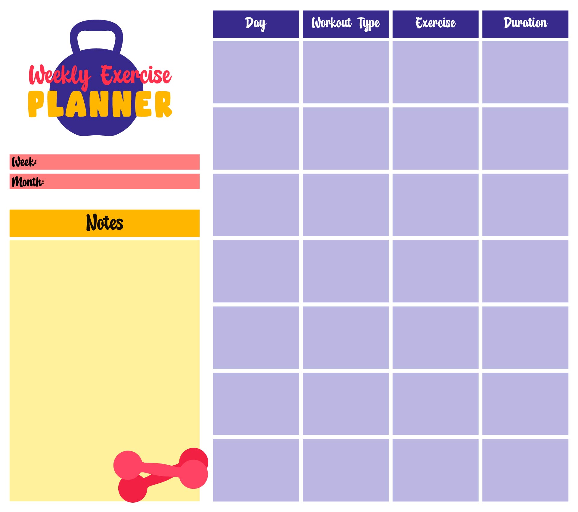 Printable Weekly Exercise Schedule Planner