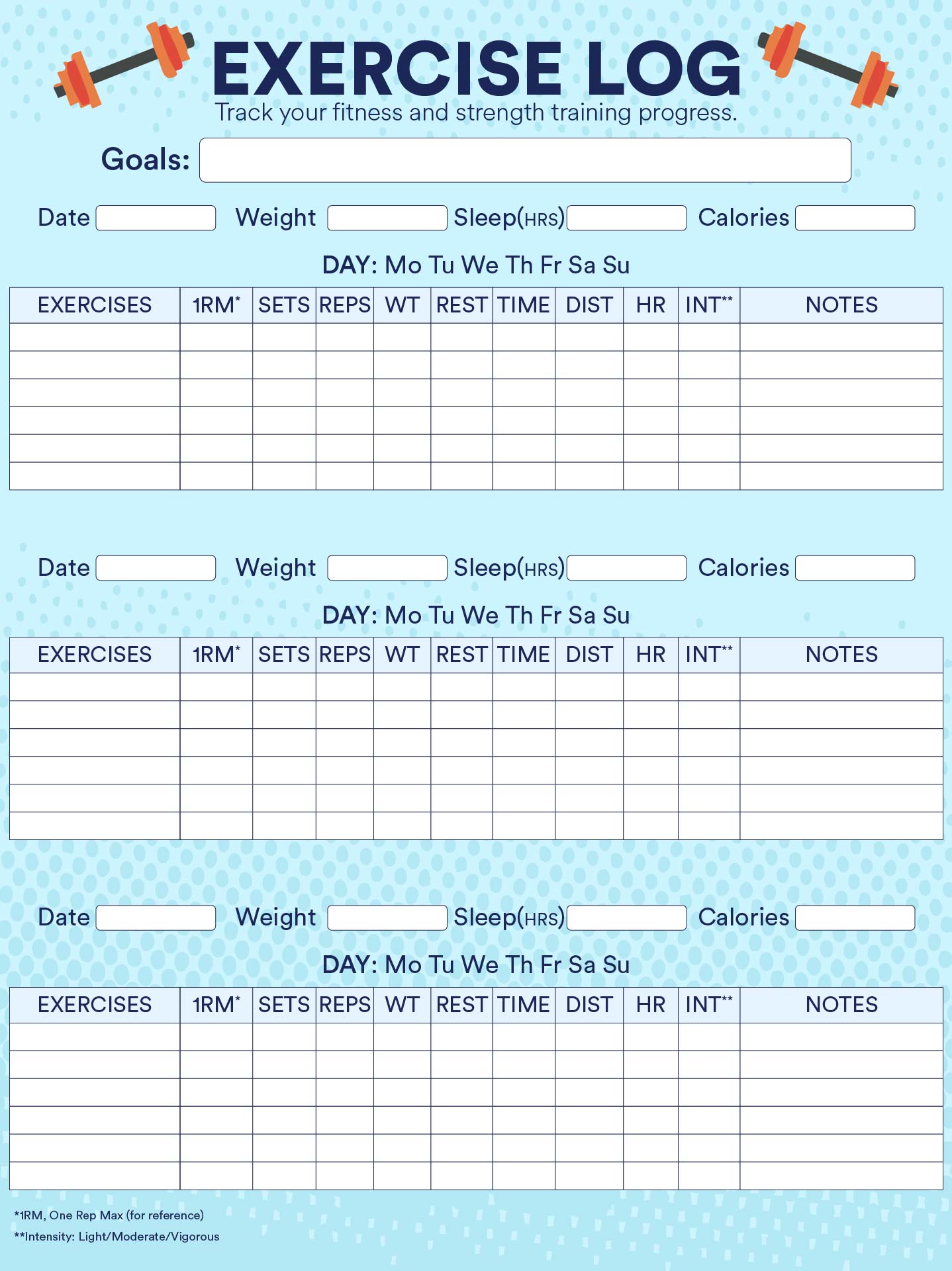 Printable Weightlifting Log Sheet