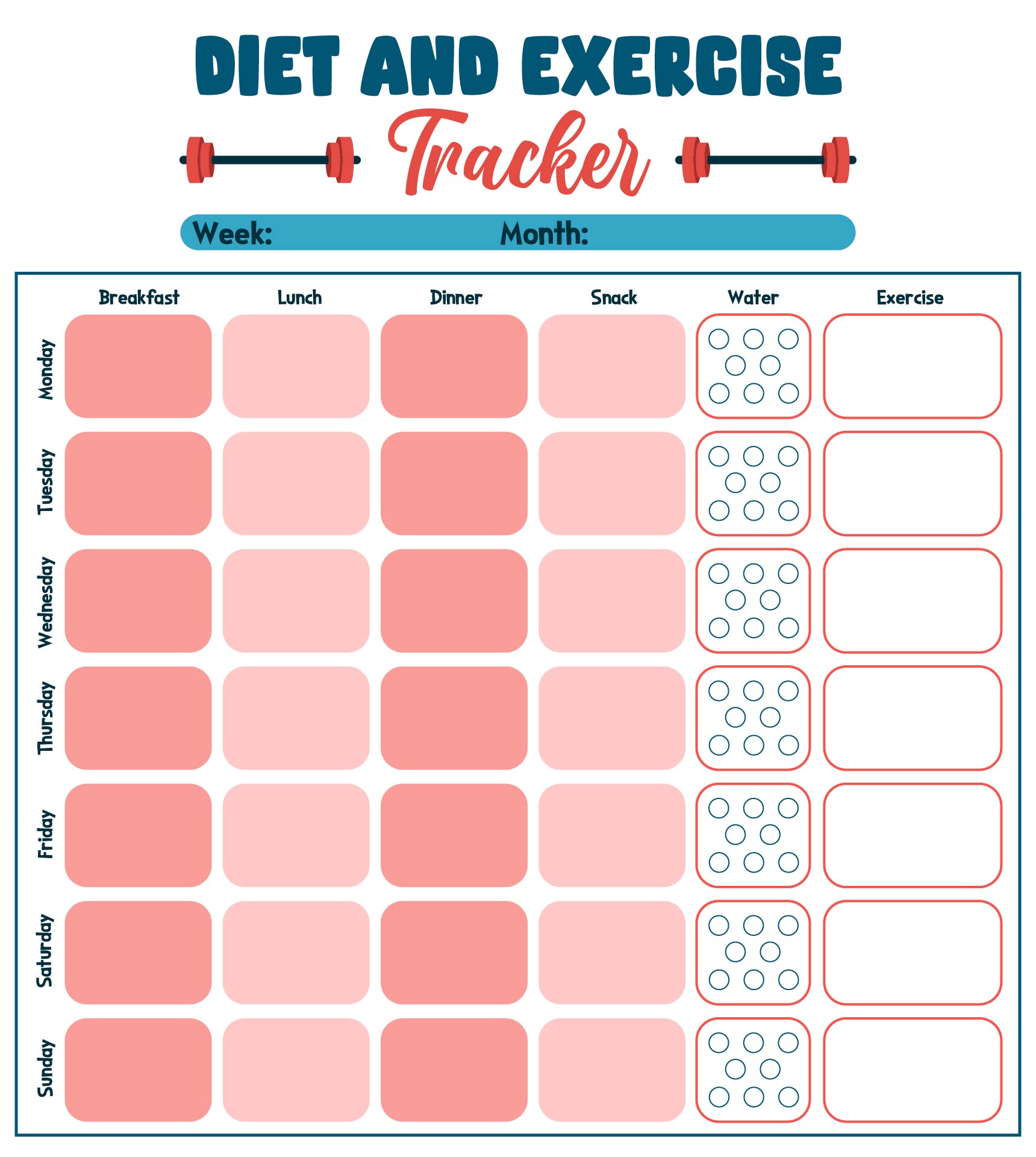 Weekly Diet and Exercise Tracker Printable