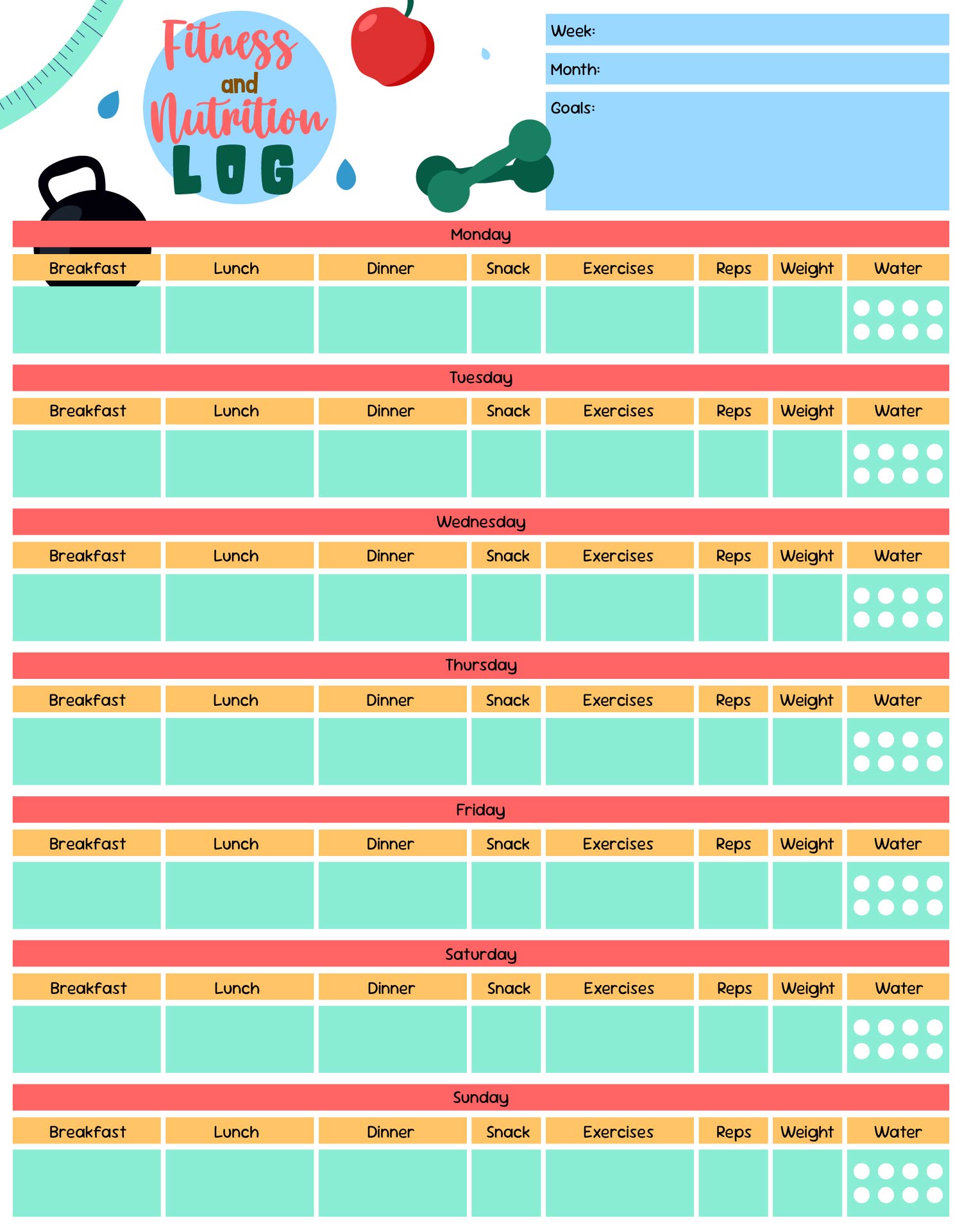 Weekly Fitness and Nutrition Log Printable