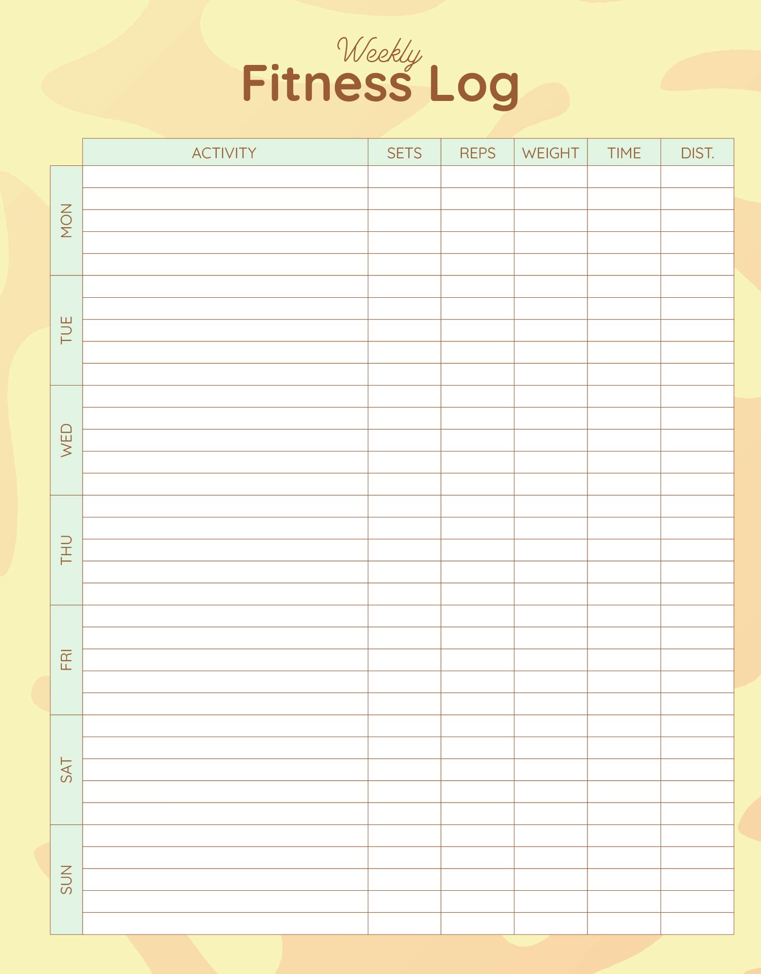 Weekly Fitness Log Sheet Printable