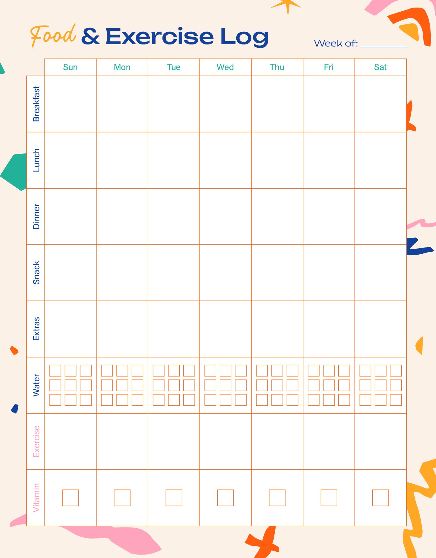 Weekly Food and Exercise Log Printable