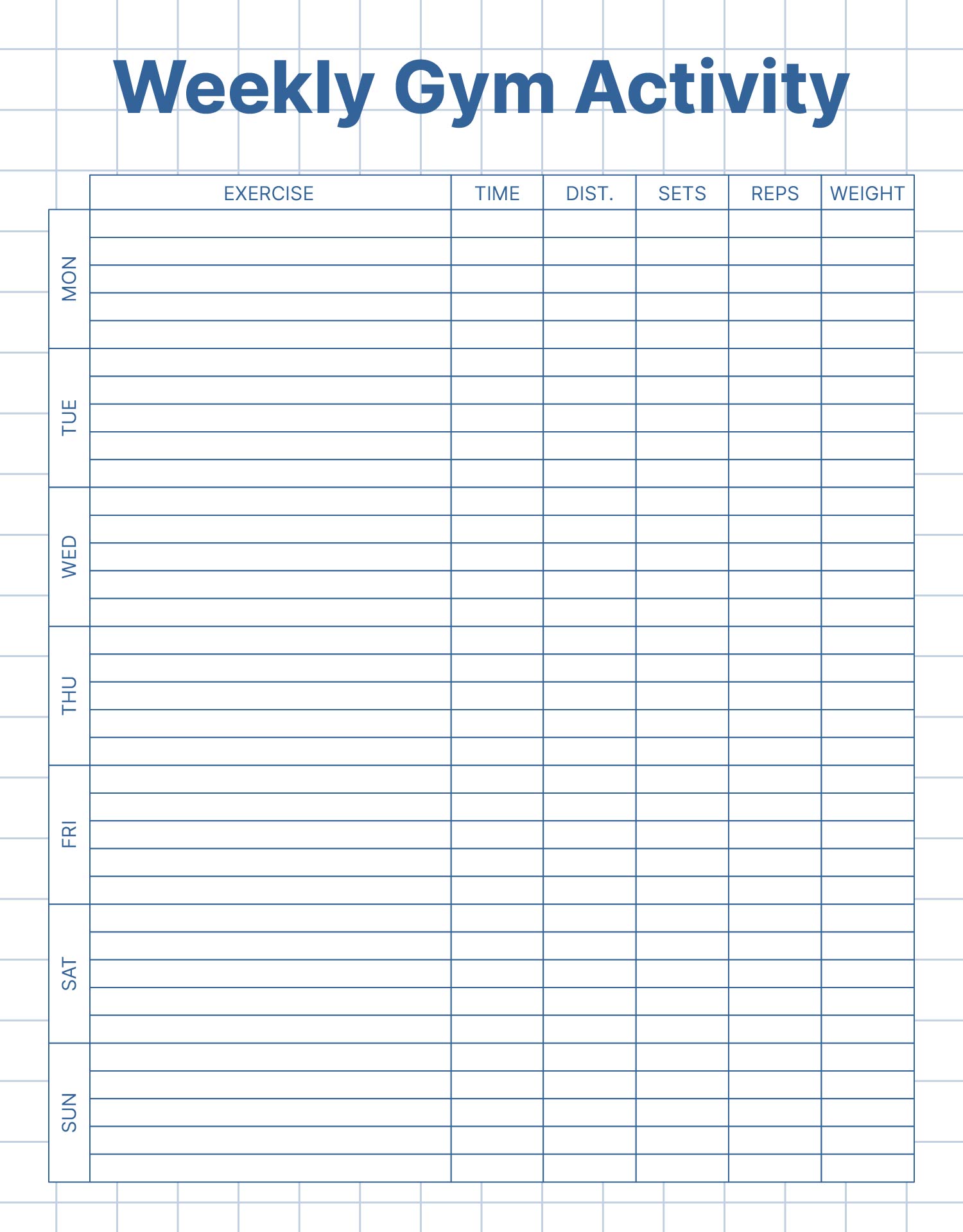 Weekly Gym Activity Log Printable