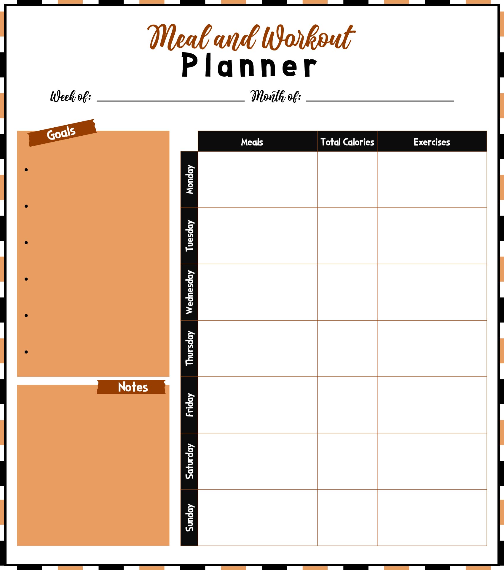 Weekly Meal and Workout Planner Printable