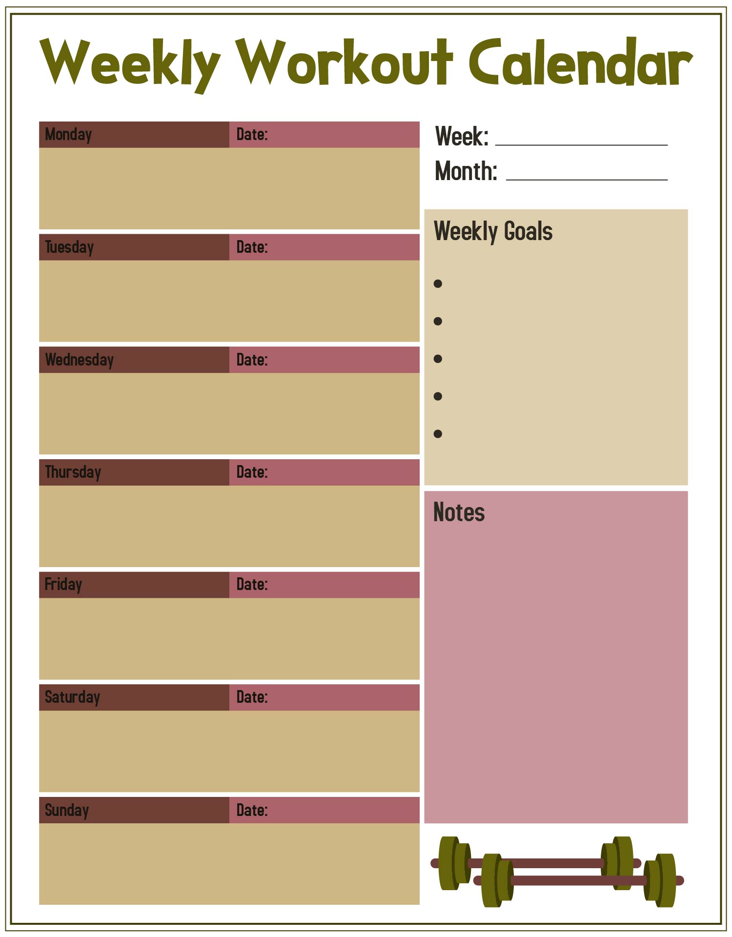 Weekly Workout Calendar Printable