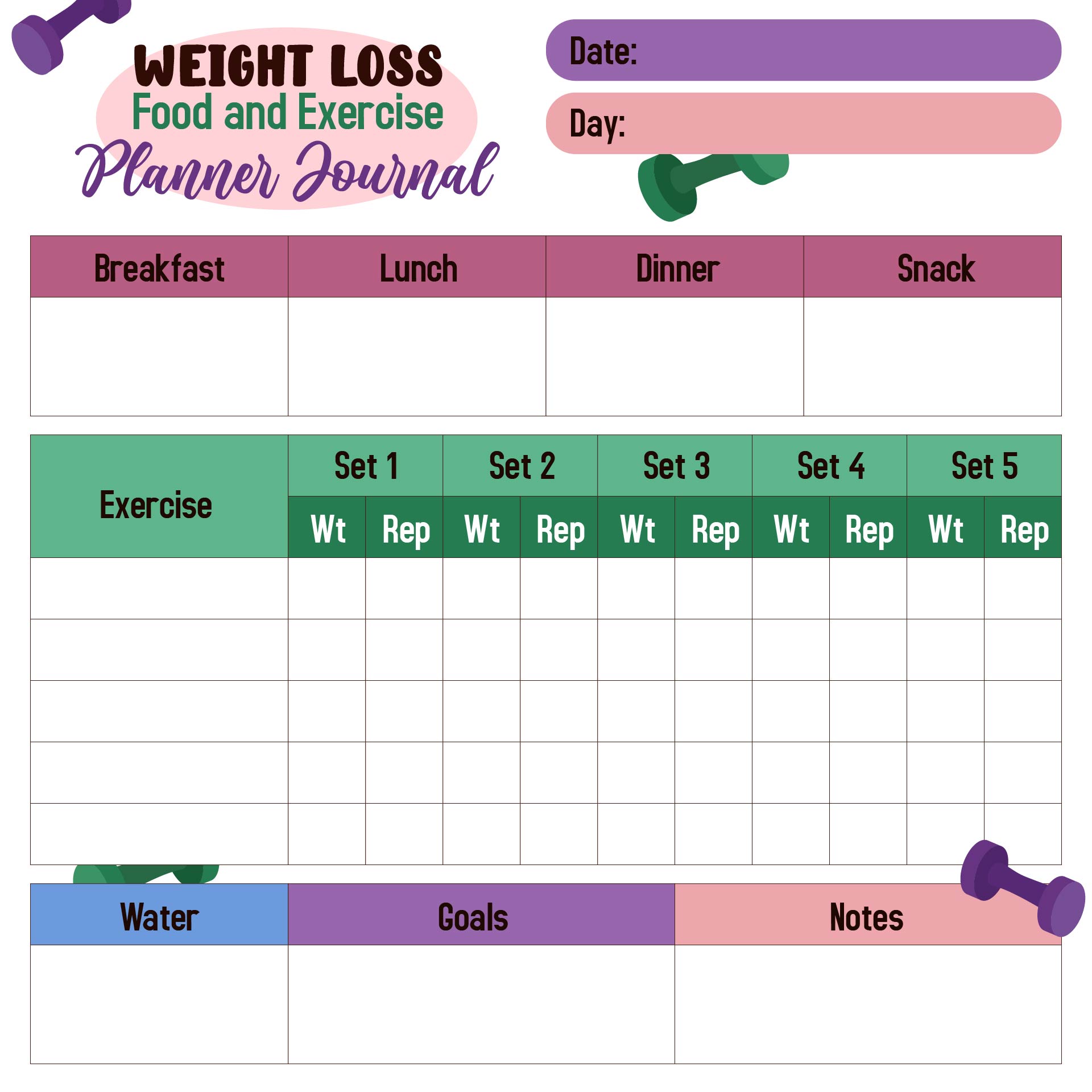 Weight Loss Food and Exercise Planner Journal Printable