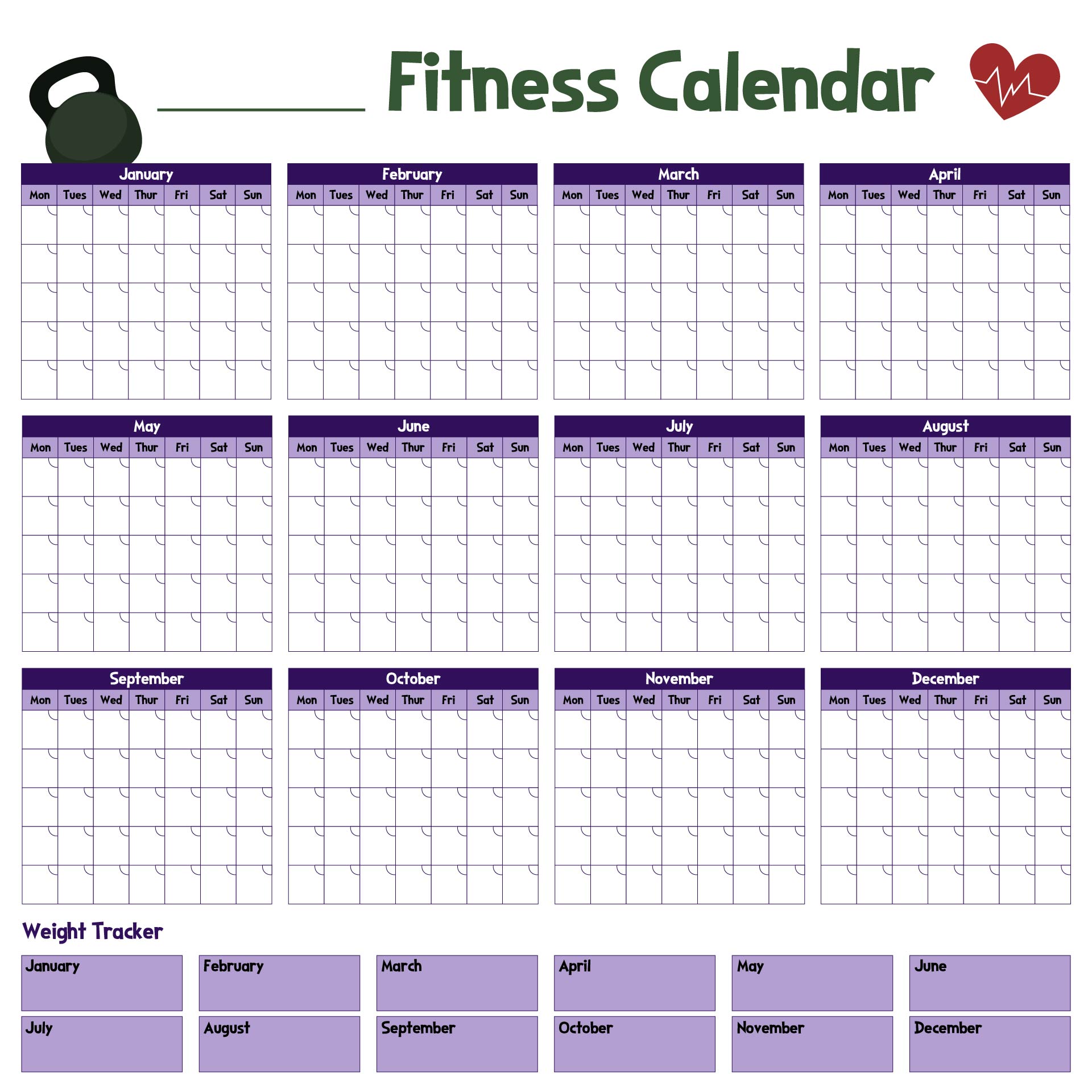 Yearly Fitness Calendar Printable